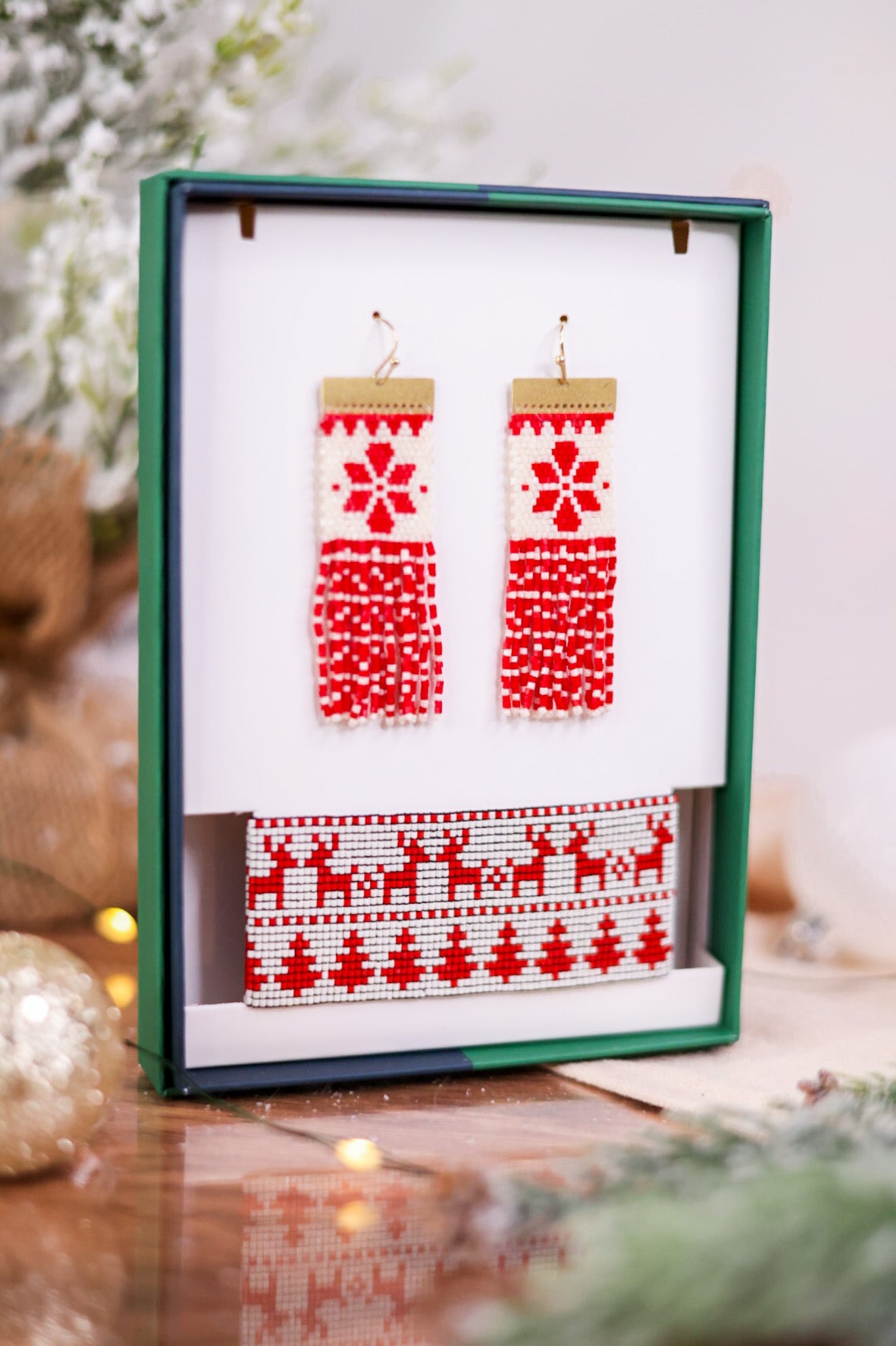 Red and White Beaded Earrings and Bracelet Set - Whiskey Skies - INK+ALLOY