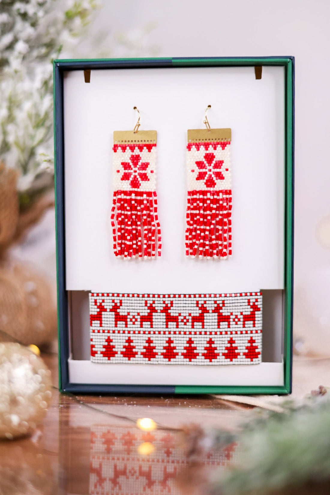 Red and White Beaded Earrings and Bracelet Set - Whiskey Skies - INK+ALLOY