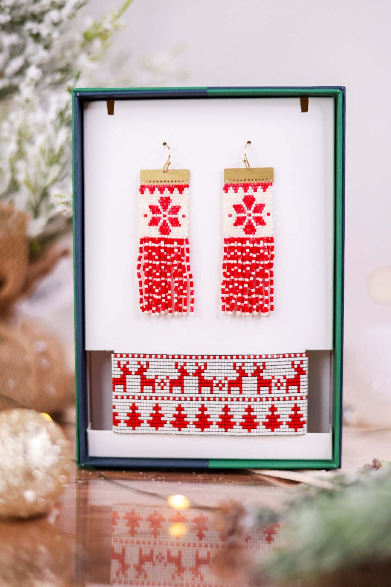 Red and White Beaded Earrings and Bracelet Set - Whiskey Skies - INK+ALLOY