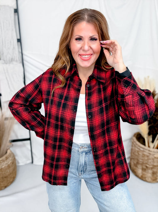 Red & Black Long Sleeve Button Front Flannel - Whiskey Skies - HEIMISH