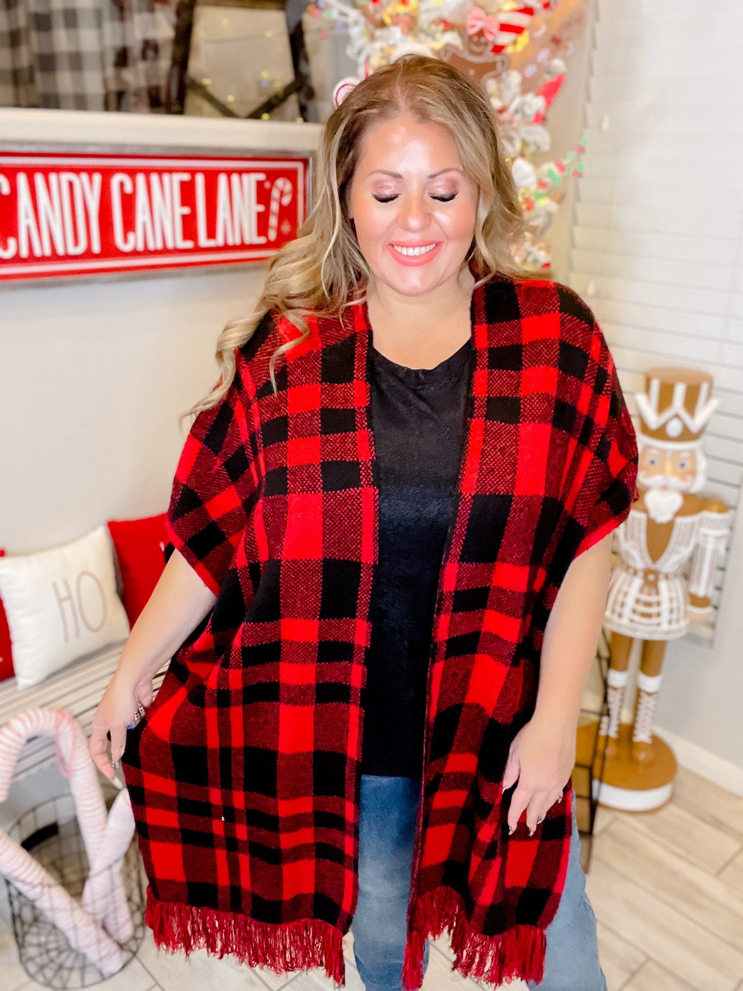 Red & Black Plaid Poncho - Whiskey Skies - KORI AMERICA