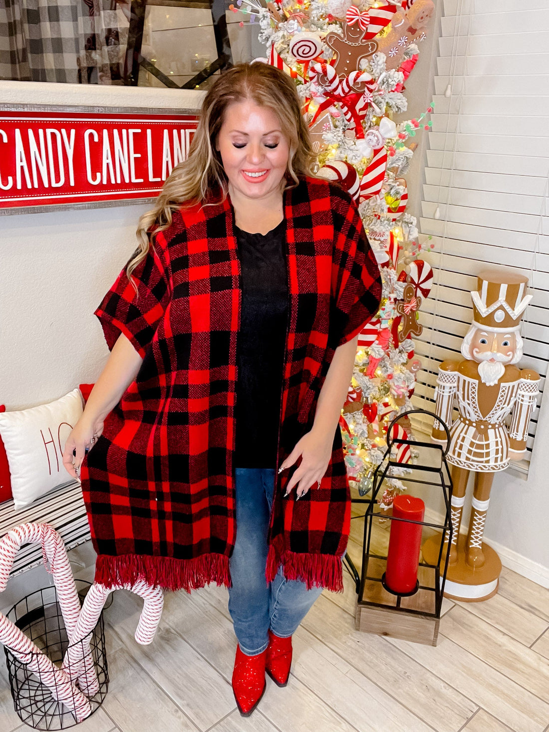 Red & Black Plaid Poncho - Whiskey Skies - KORI AMERICA