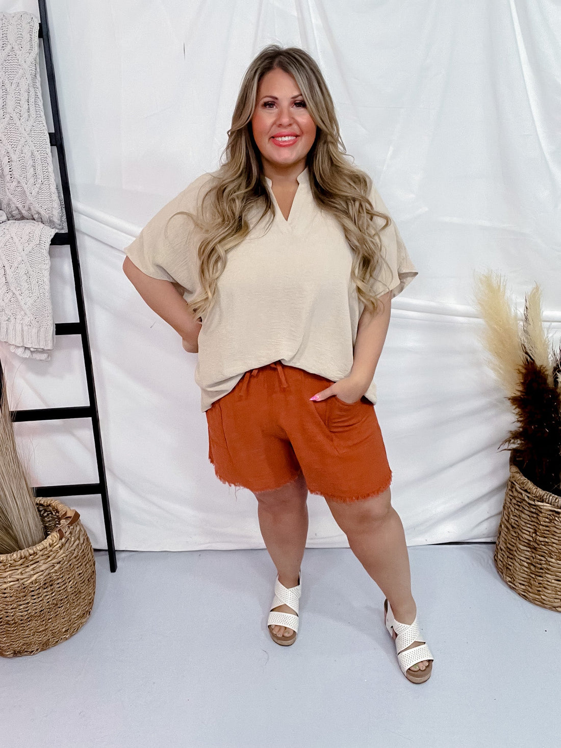 Red Clay Frayed Hem Shorts W/ Drawstring - Whiskey Skies - GIGIO