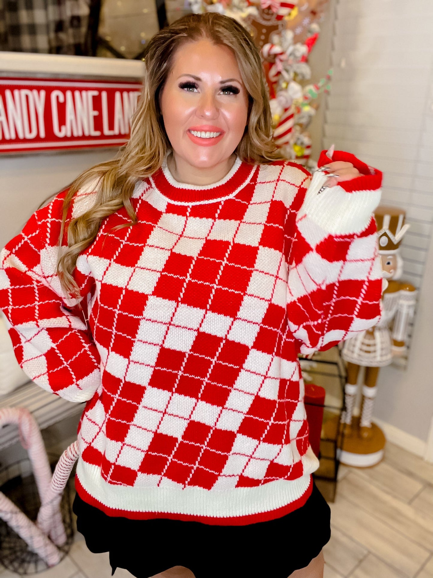 Red & Cream Oversized Checkered Knit Sweater - Whiskey Skies - GEEGEE