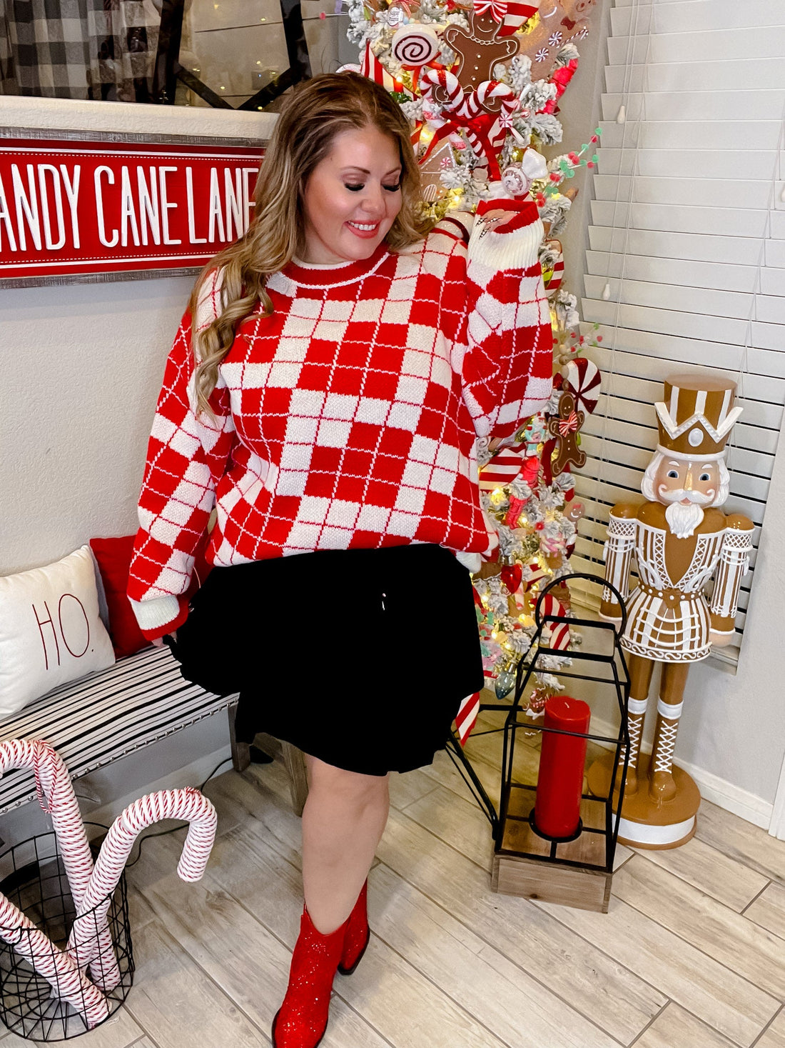 Red & Cream Oversized Checkered Knit Sweater - Whiskey Skies - GEEGEE