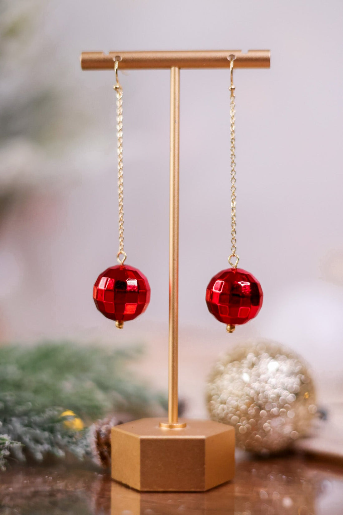 Red Faceted Ornament Gold Dangle Earrings - Whiskey Skies - PERIWINKLE BY BARLOW