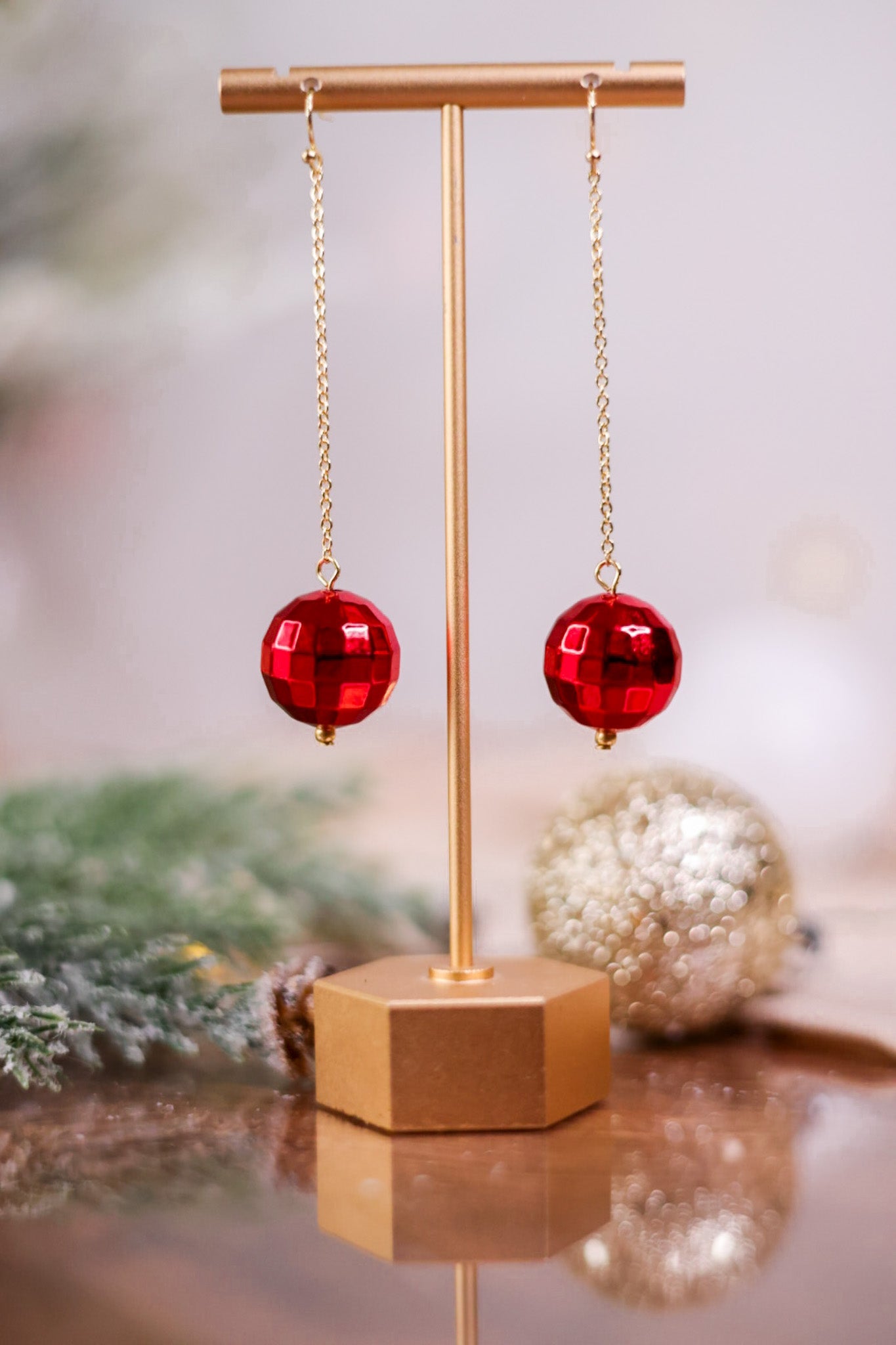 Red Faceted Ornament Gold Dangle Earrings - Whiskey Skies - PERIWINKLE BY BARLOW