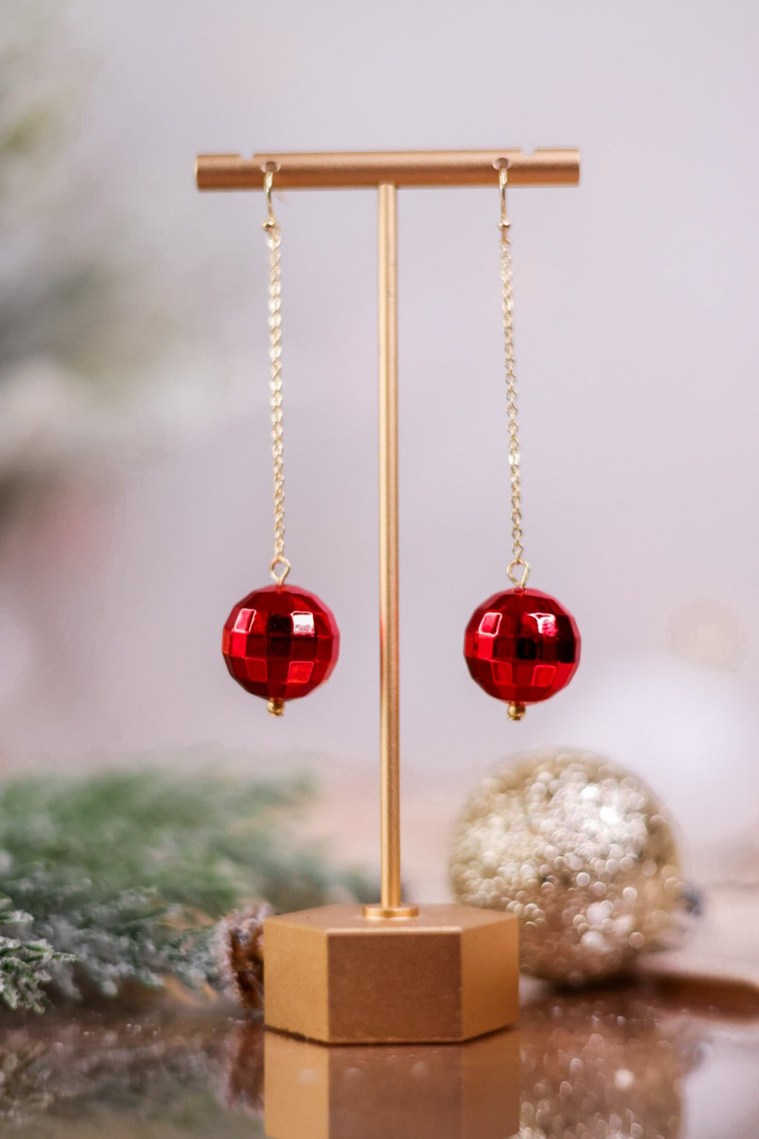 Red Faceted Ornament Gold Dangle Earrings - Whiskey Skies - PERIWINKLE BY BARLOW