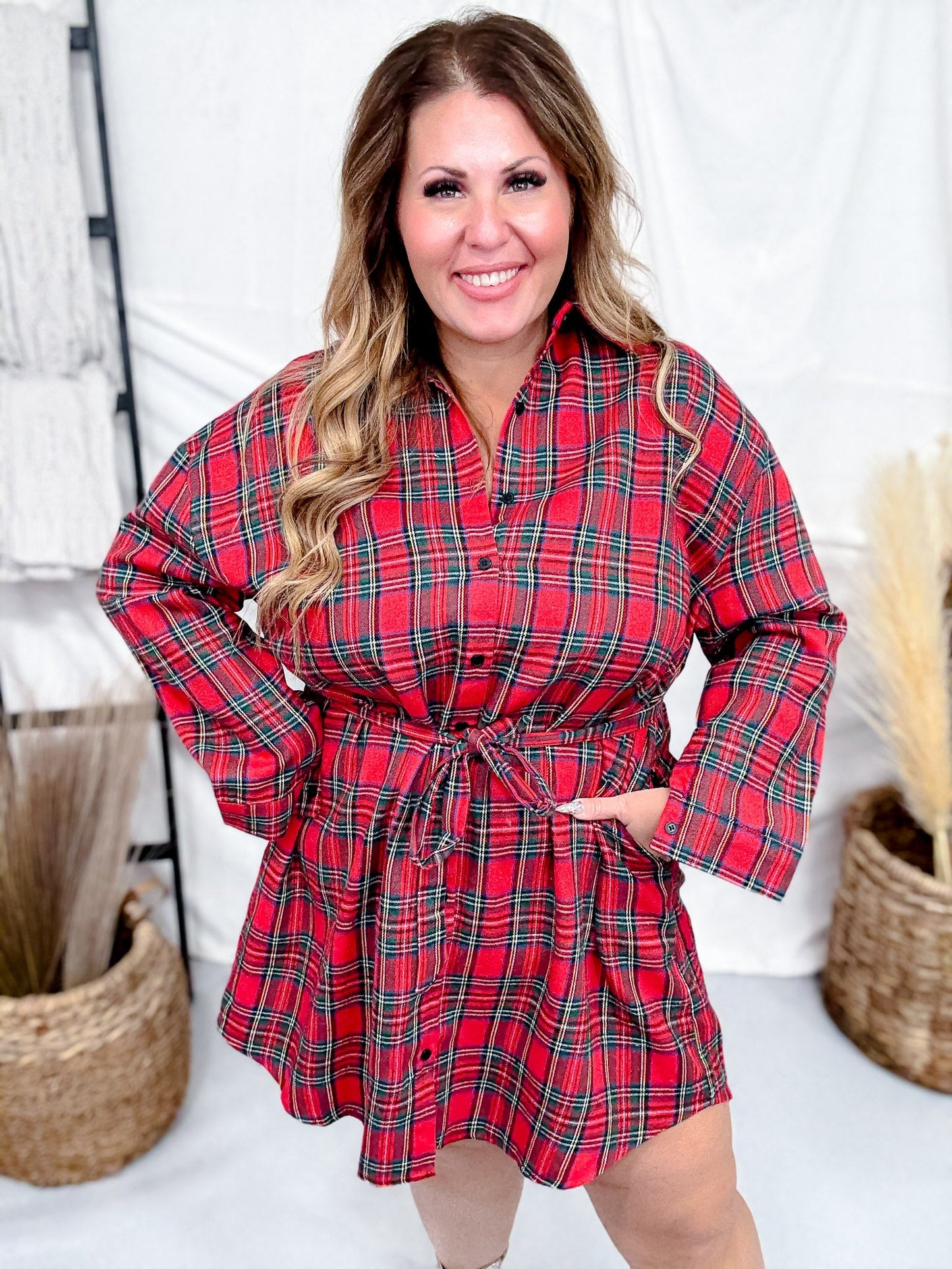 Red Flannel Shirt Dress - Whiskey Skies - SOUTHERN GRACE