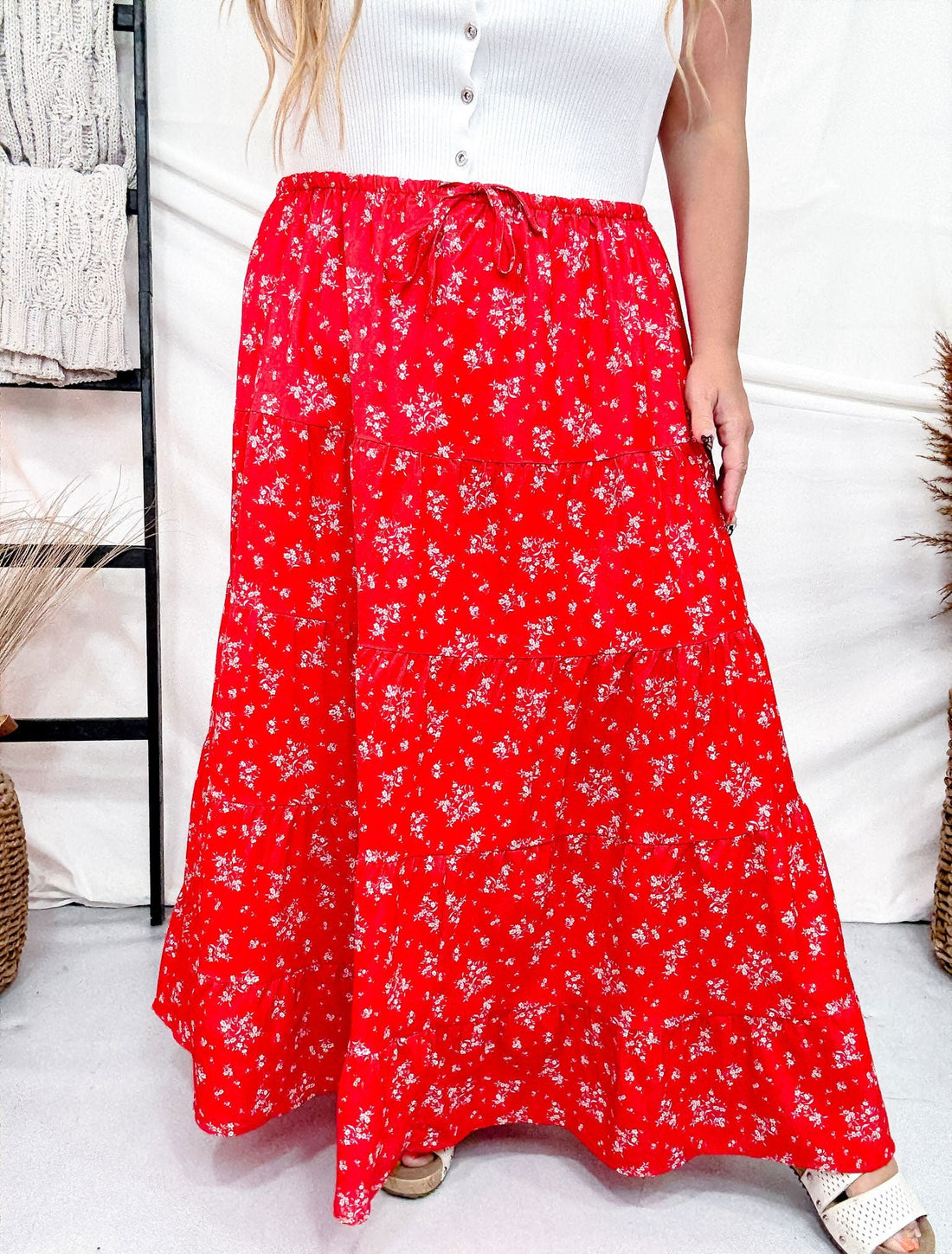 Red Floral Tiered Maxi Skirt - Whiskey Skies - POLAGRAM + BAEVELY