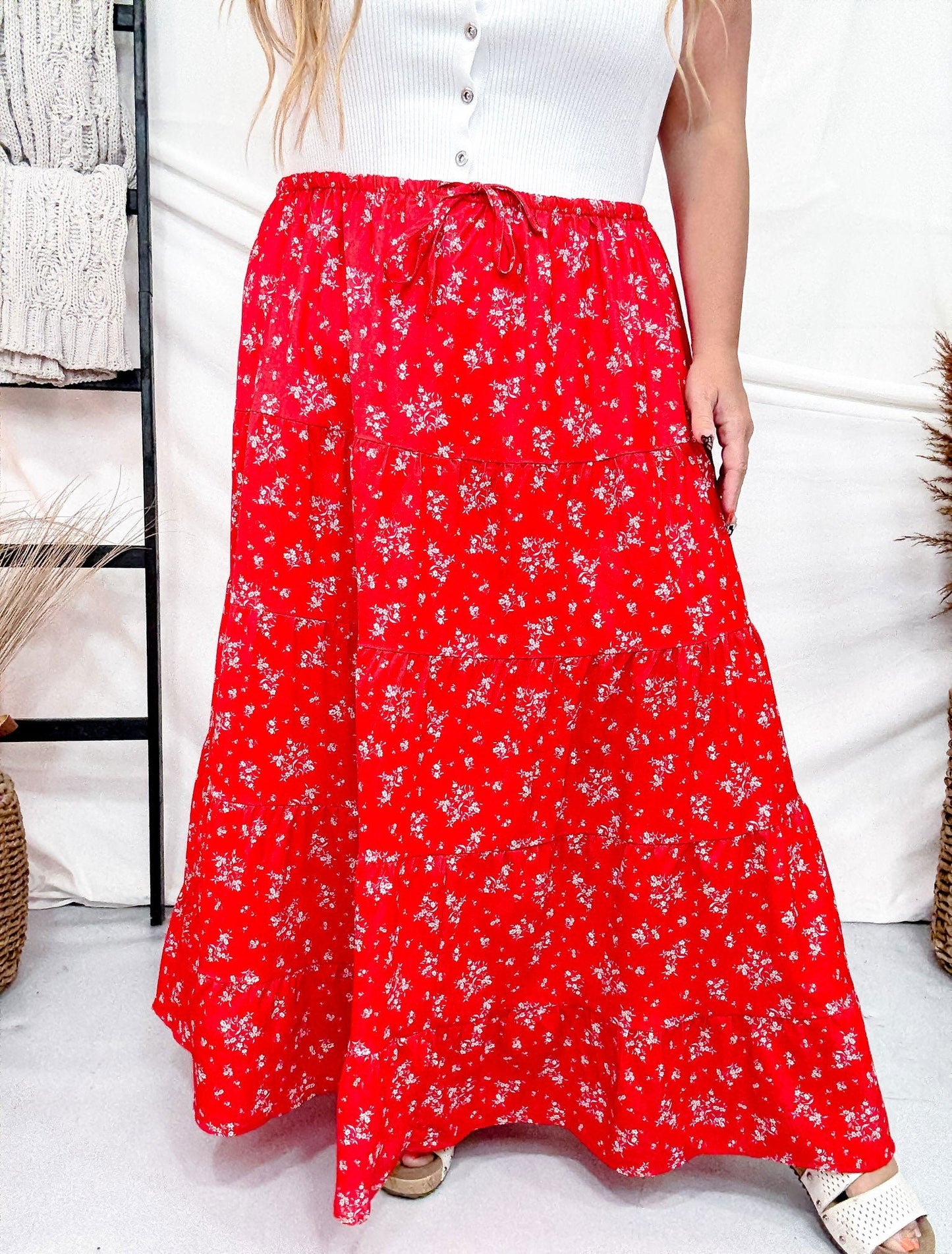 Red Floral Tiered Maxi Skirt - Whiskey Skies - POLAGRAM + BAEVELY