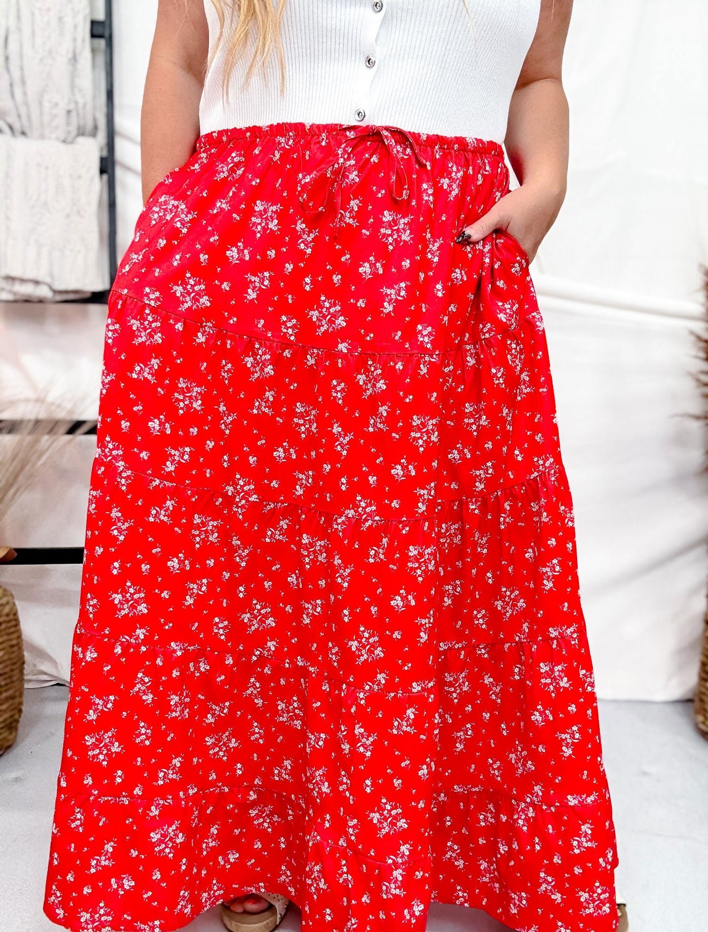 Red Floral Tiered Maxi Skirt - Whiskey Skies - POLAGRAM + BAEVELY