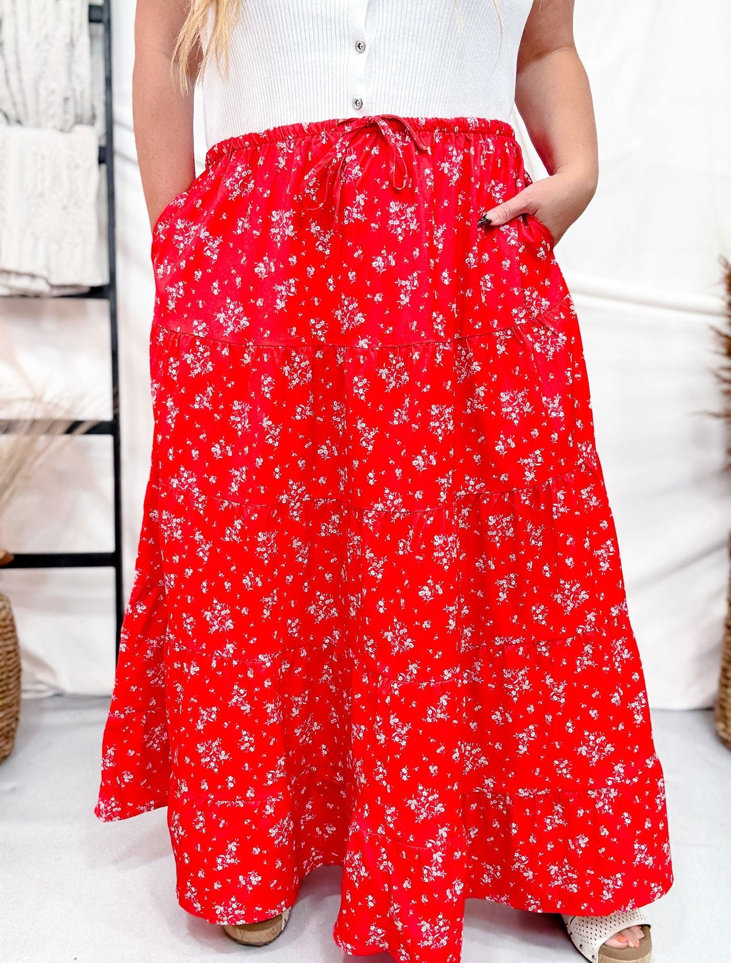 Red Floral Tiered Maxi Skirt - Whiskey Skies - POLAGRAM + BAEVELY
