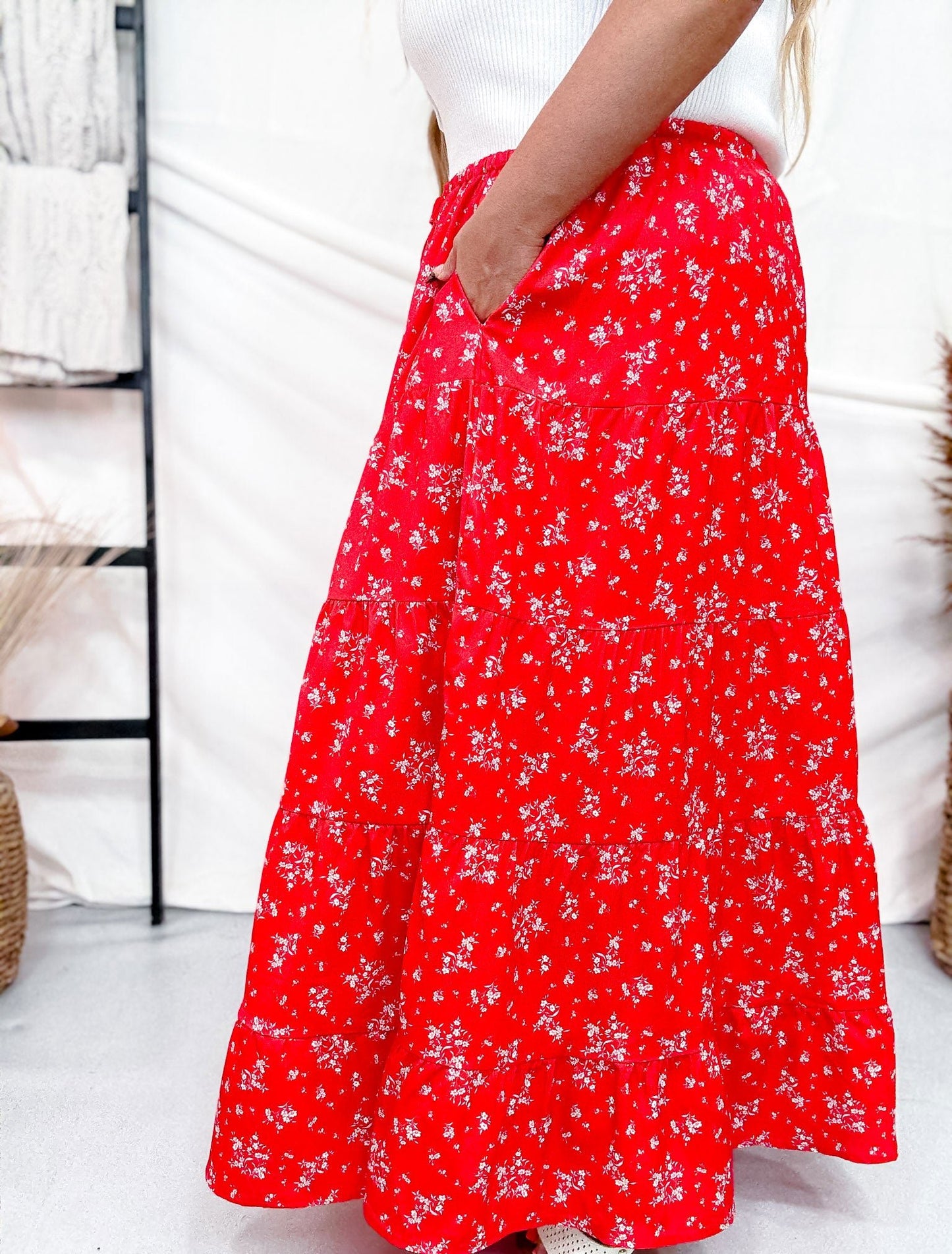 Red Floral Tiered Maxi Skirt - Whiskey Skies - POLAGRAM + BAEVELY