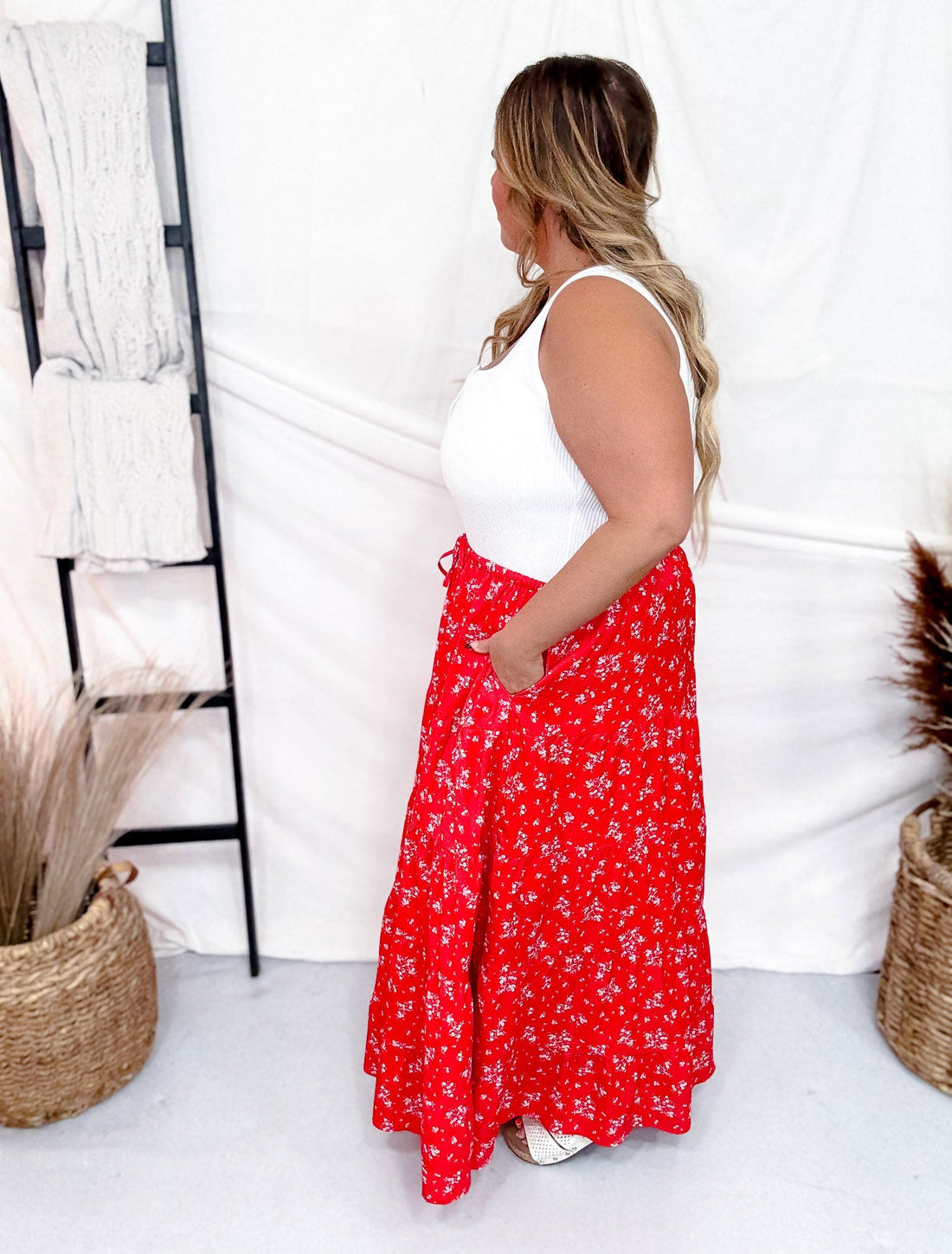 Red Floral Tiered Maxi Skirt - Whiskey Skies - POLAGRAM + BAEVELY