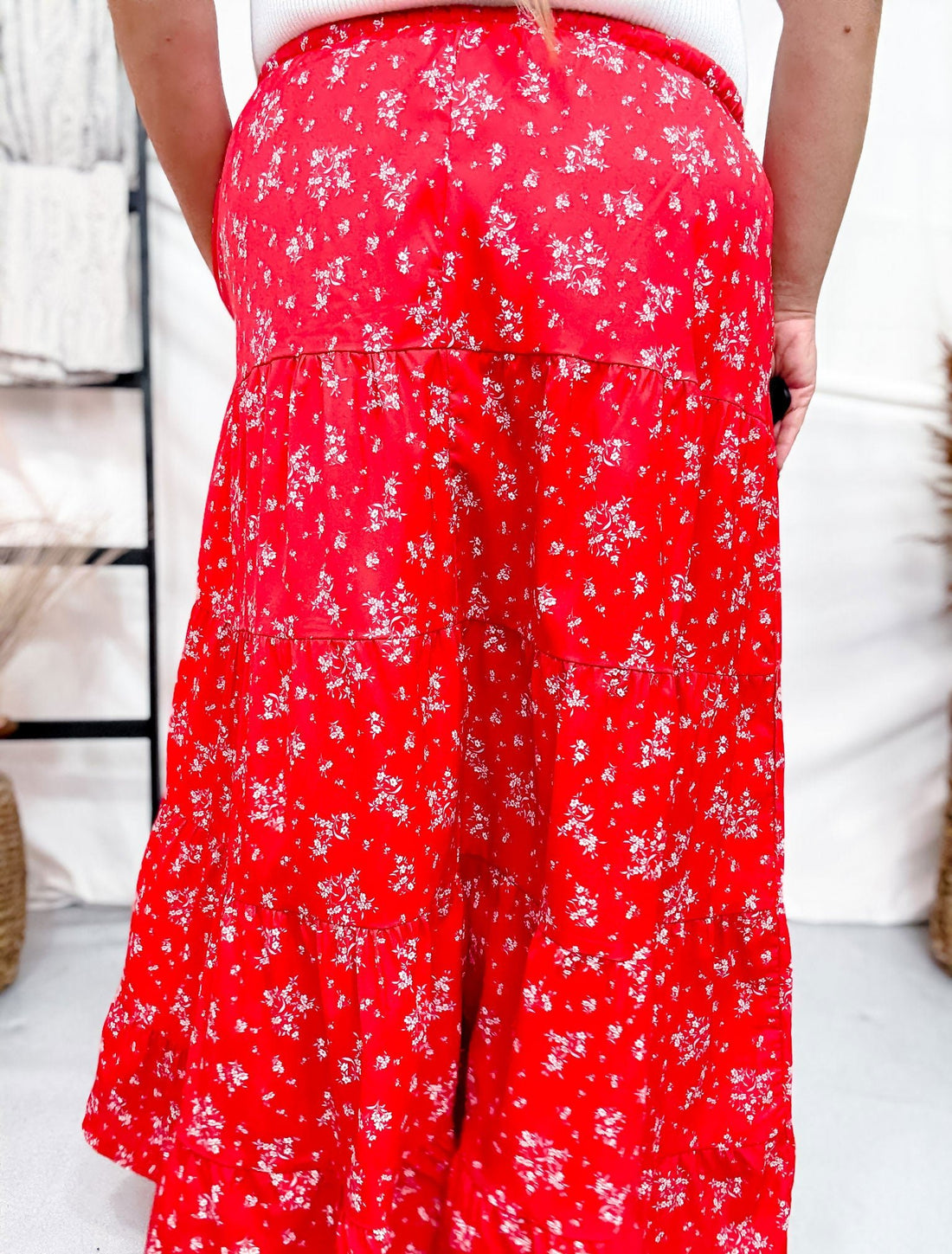 Red Floral Tiered Maxi Skirt - Whiskey Skies - POLAGRAM + BAEVELY