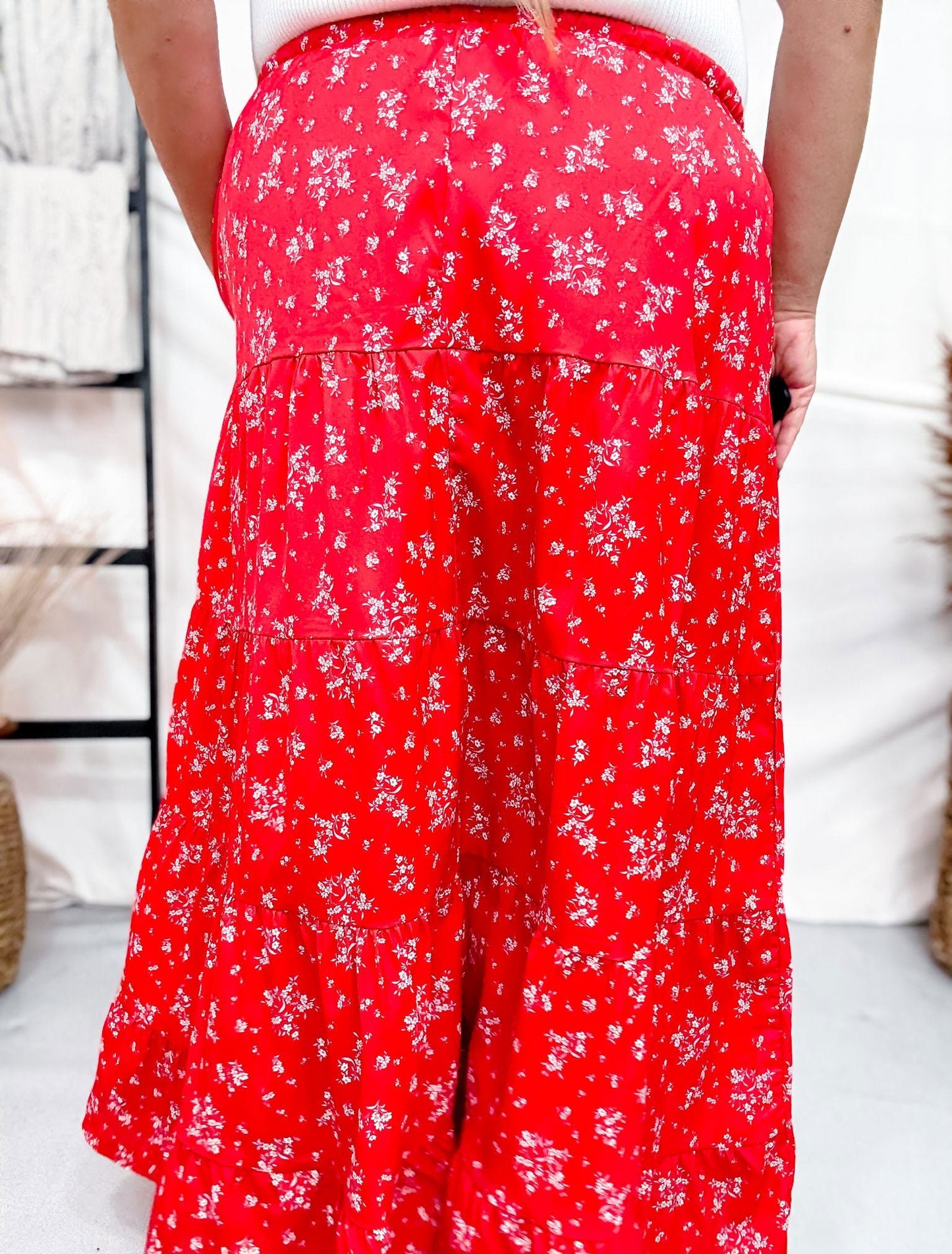 Red Floral Tiered Maxi Skirt - Whiskey Skies - POLAGRAM + BAEVELY