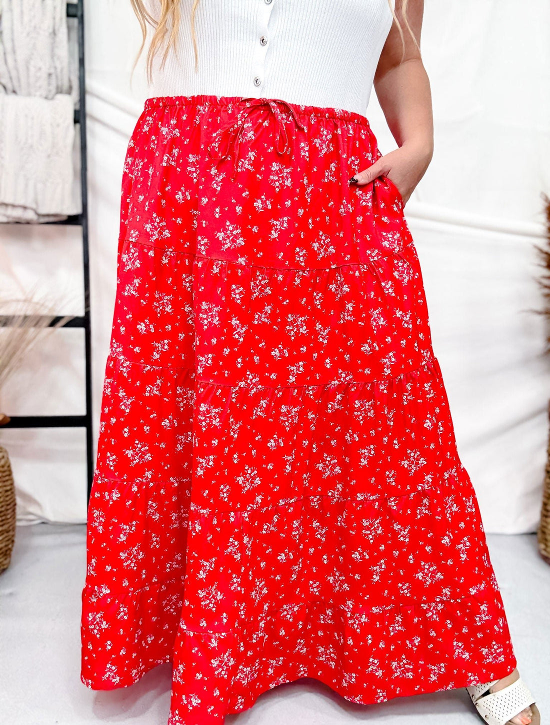 Red Floral Tiered Maxi Skirt - Whiskey Skies - POLAGRAM + BAEVELY