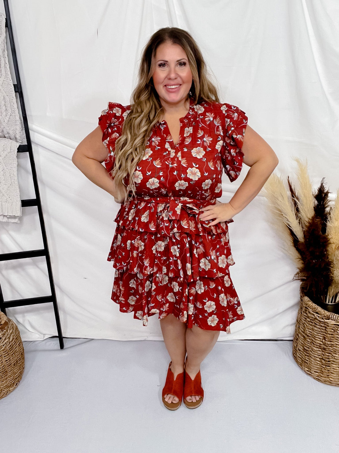 Red Flutter Sleeve Belted Tiered Floral Dress - Whiskey Skies - DAVI & DANI