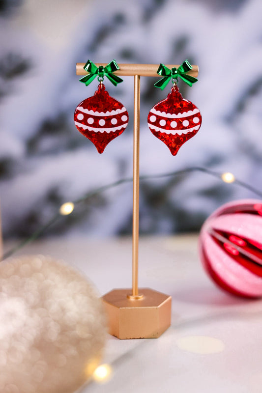 Red Glitter Ornament W/ Bow Christmas Earrings - Whiskey Skies - PERIWINKLE BY BARLOW