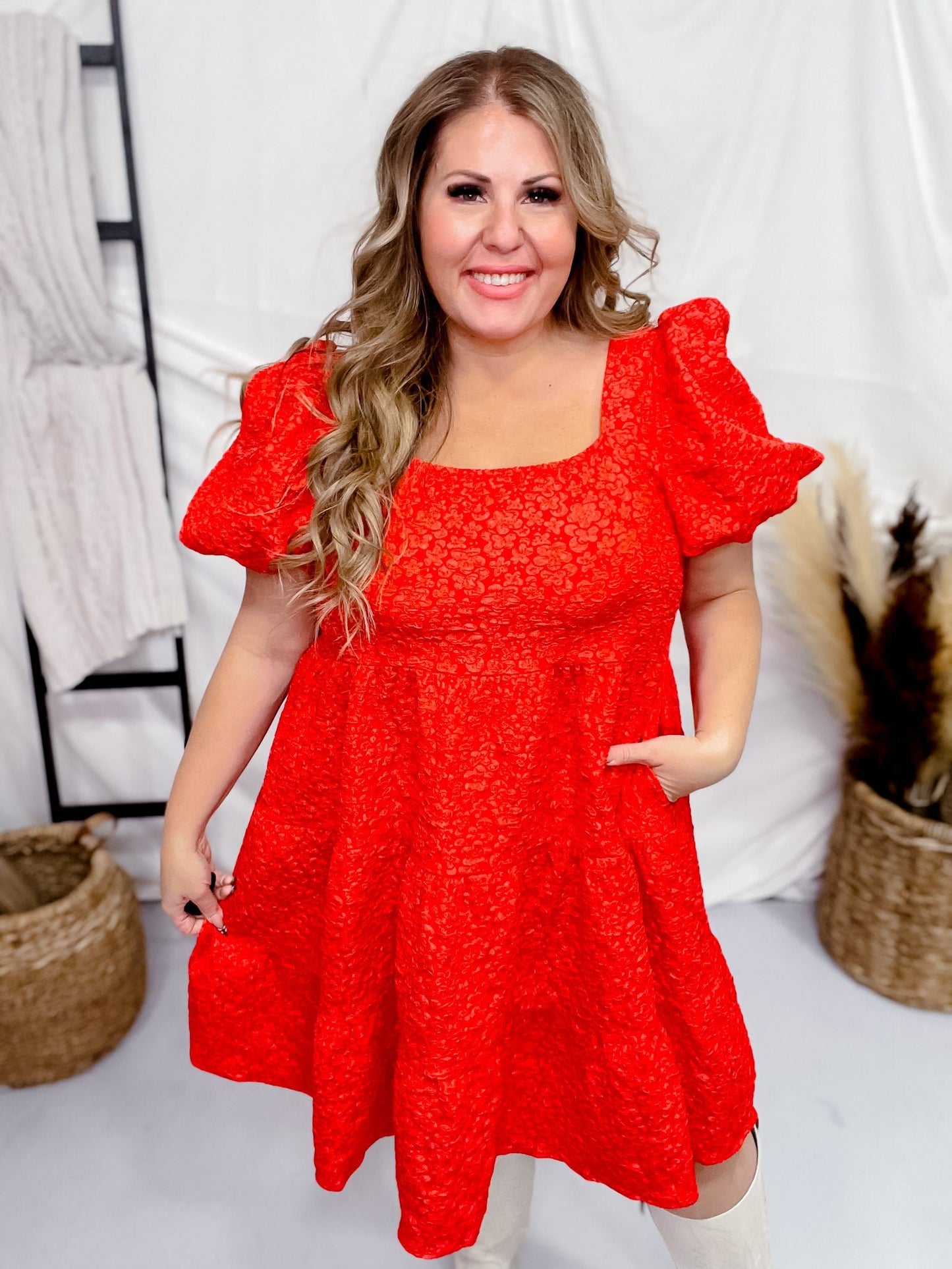 Red Jacquard Babydoll Dress - Whiskey Skies - SOUTHERN GRACE