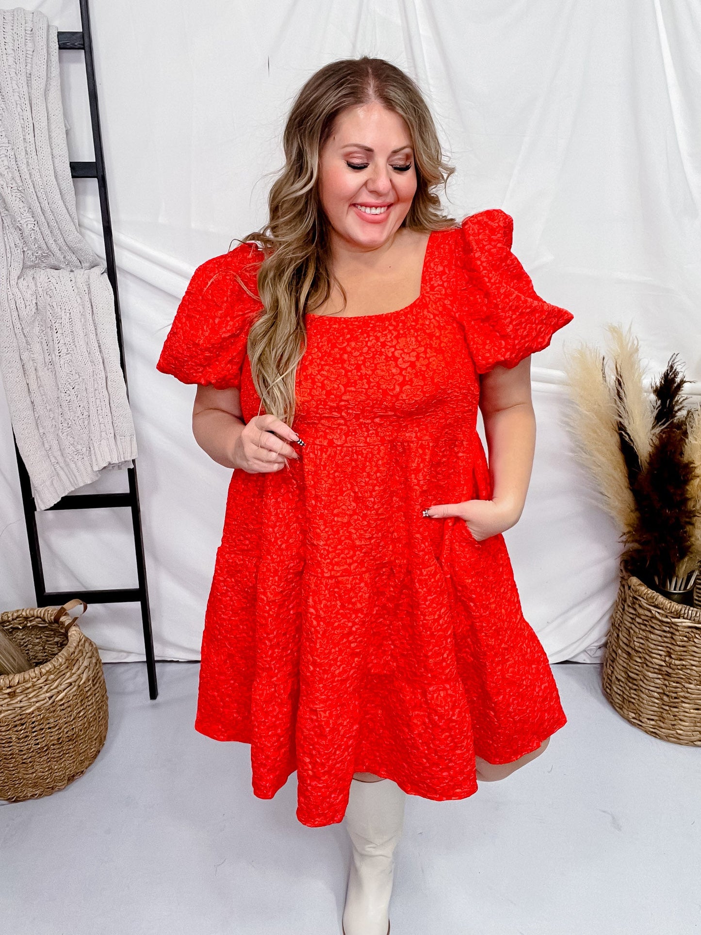 Red Jacquard Babydoll Dress - Whiskey Skies - SOUTHERN GRACE