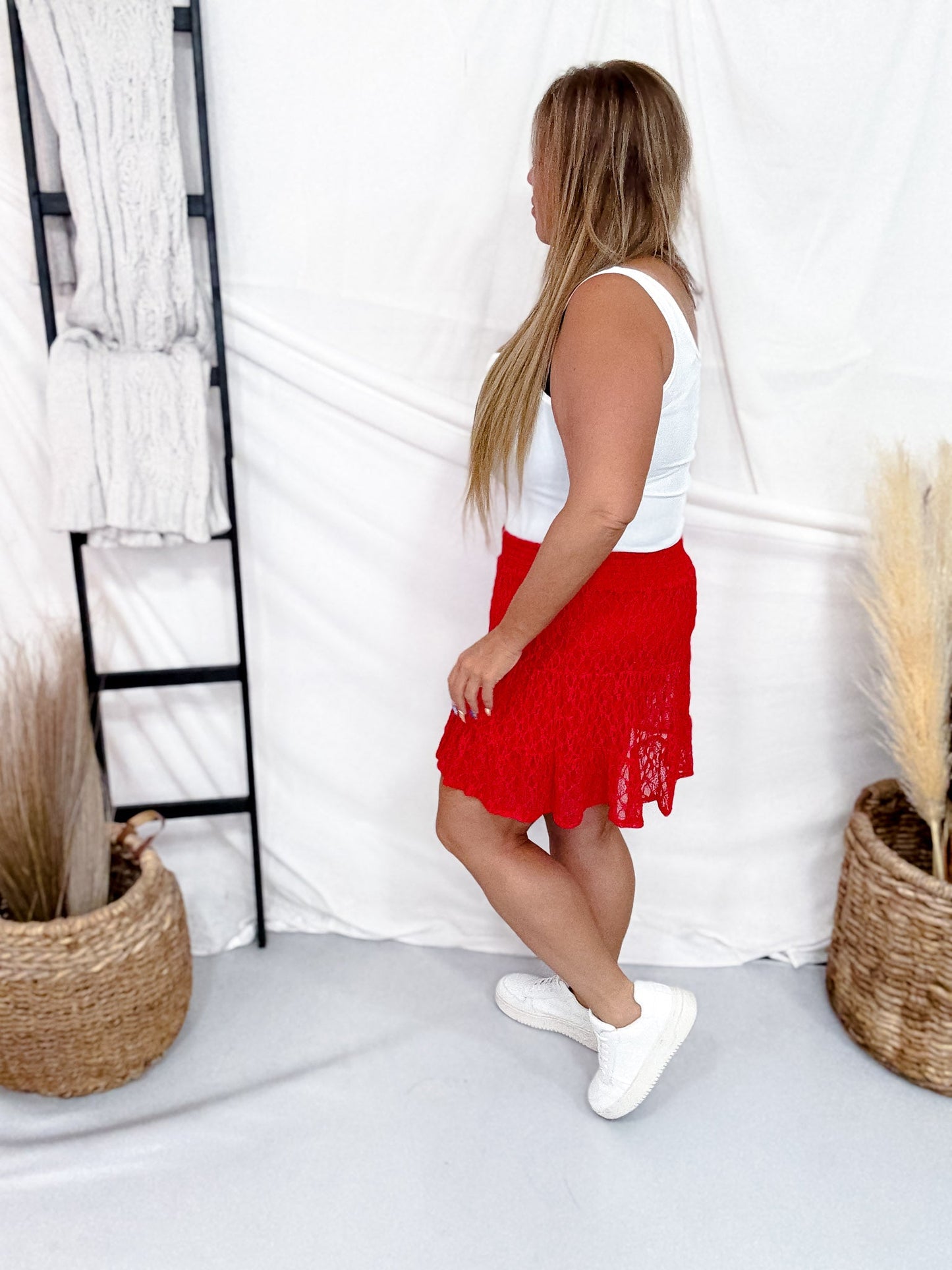 Red Lace Skort With Smocked Waistband - Whiskey Skies - SOUTHERN GRACE