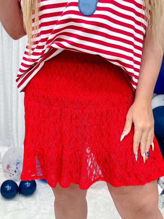 Red Lace Skort With Smocked Waistband - Whiskey Skies - SOUTHERN GRACE