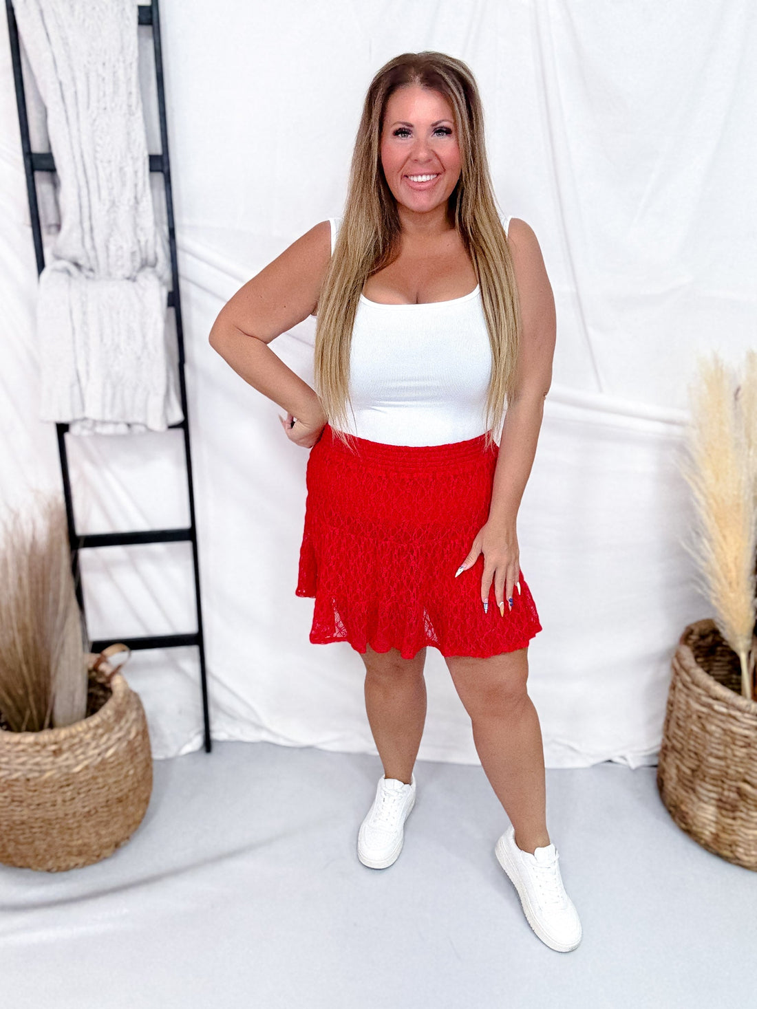 Red Lace Skort With Smocked Waistband - Whiskey Skies - SOUTHERN GRACE