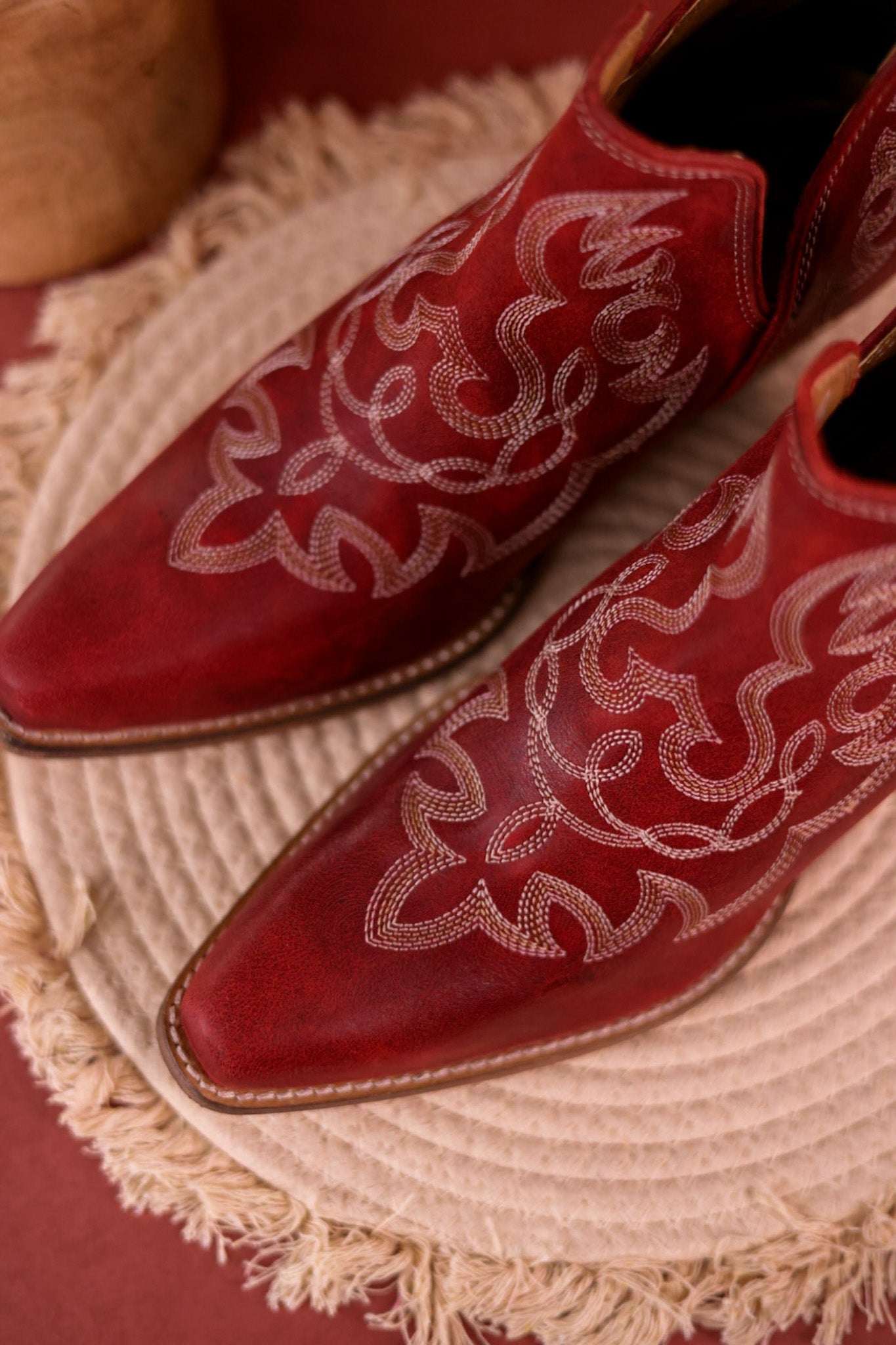 Red Leather Stitched Booties - Whiskey Skies - MYRA BAGS