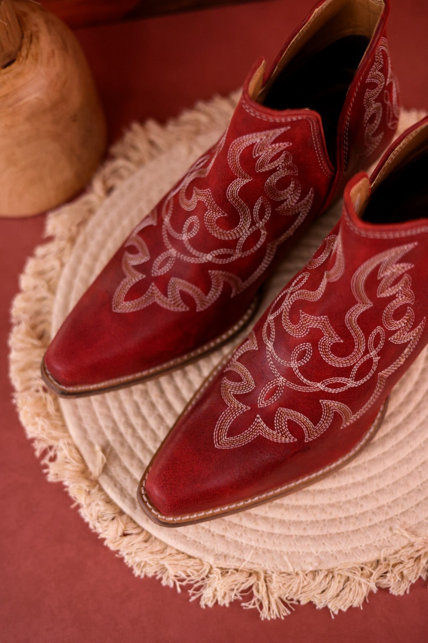 Red Leather Stitched Booties - Whiskey Skies - MYRA BAGS
