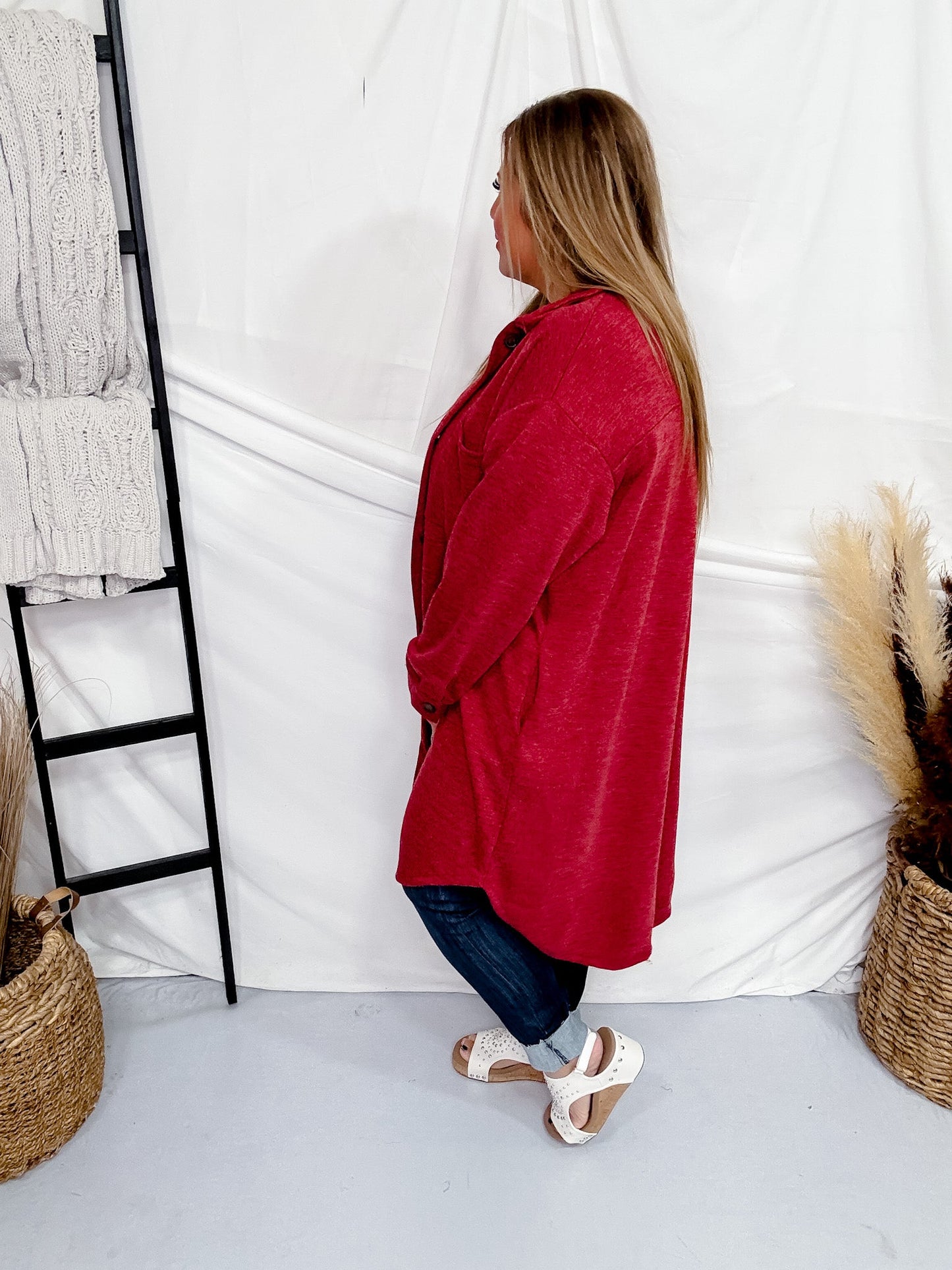 Red Long Button Front Cardigan - Whiskey Skies - STYLIVE