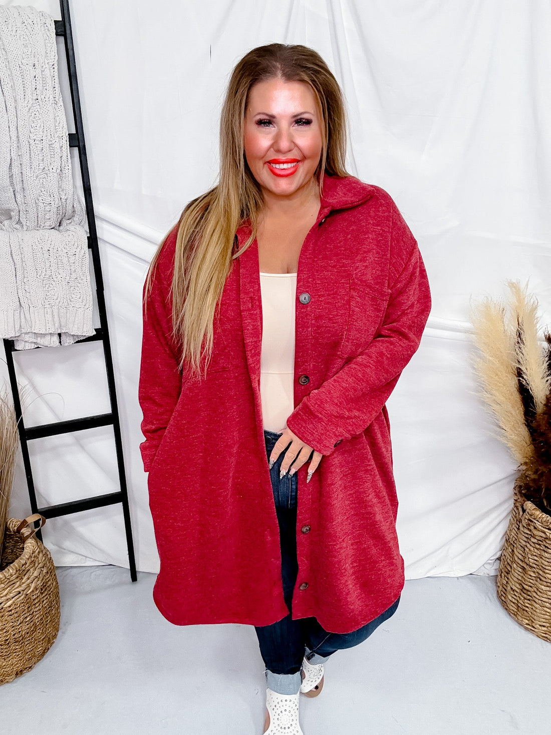 Red Long Button Front Cardigan - Whiskey Skies - STYLIVE
