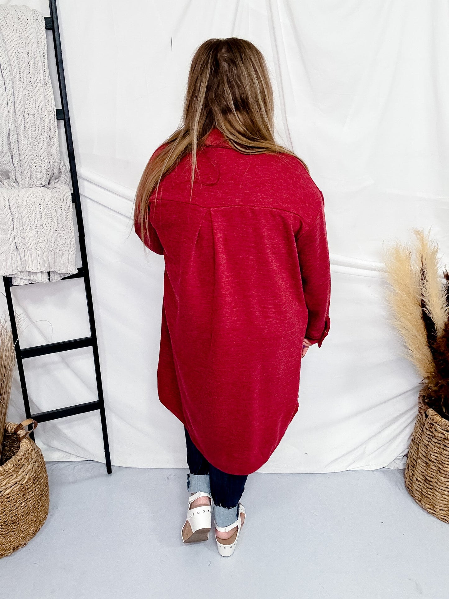 Red Long Button Front Cardigan - Whiskey Skies - STYLIVE