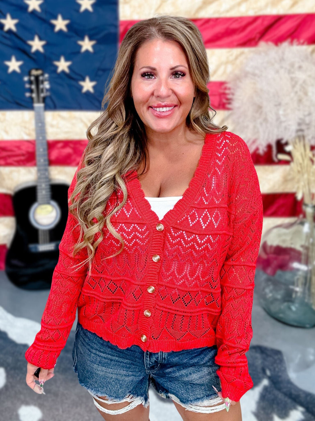 Red Long Sleeve Knit Cardigan With Scalloped Edges - Whiskey Skies - WHITE BIRCH