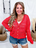 Red Long Sleeve Knit Cardigan With Scalloped Edges - Whiskey Skies - WHITE BIRCH