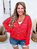 Red Long Sleeve Knit Cardigan With Scalloped Edges - Whiskey Skies - WHITE BIRCH