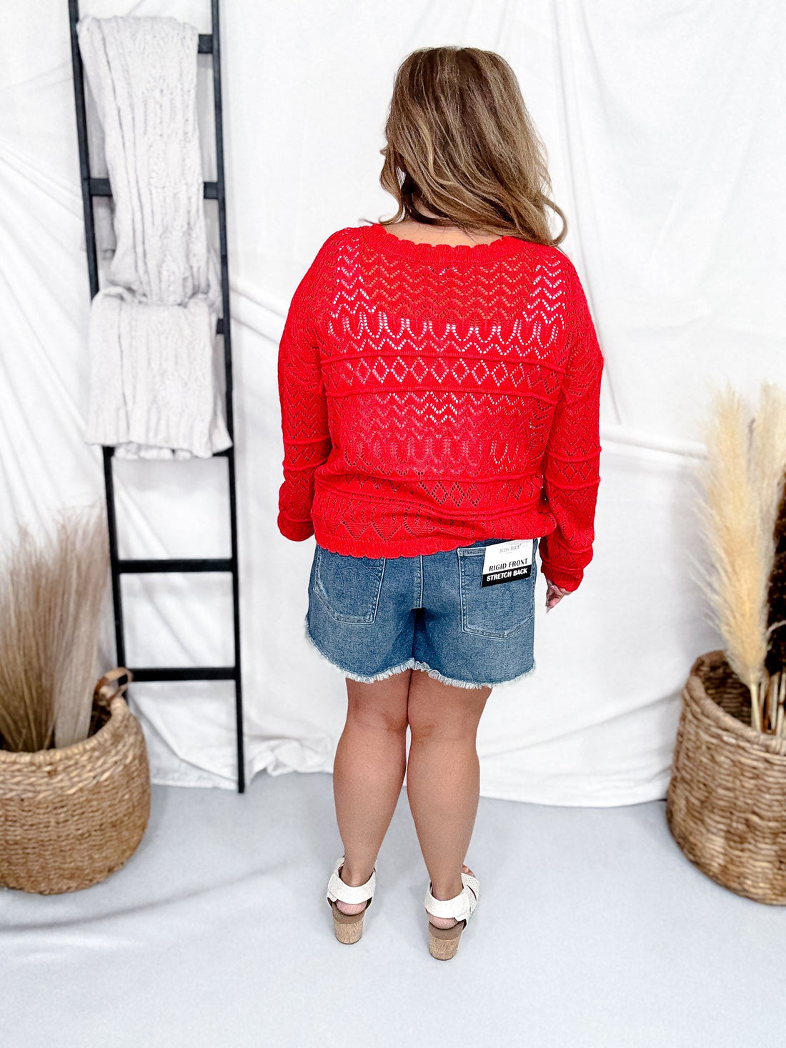 Red Long Sleeve Knit Cardigan With Scalloped Edges - Whiskey Skies - WHITE BIRCH