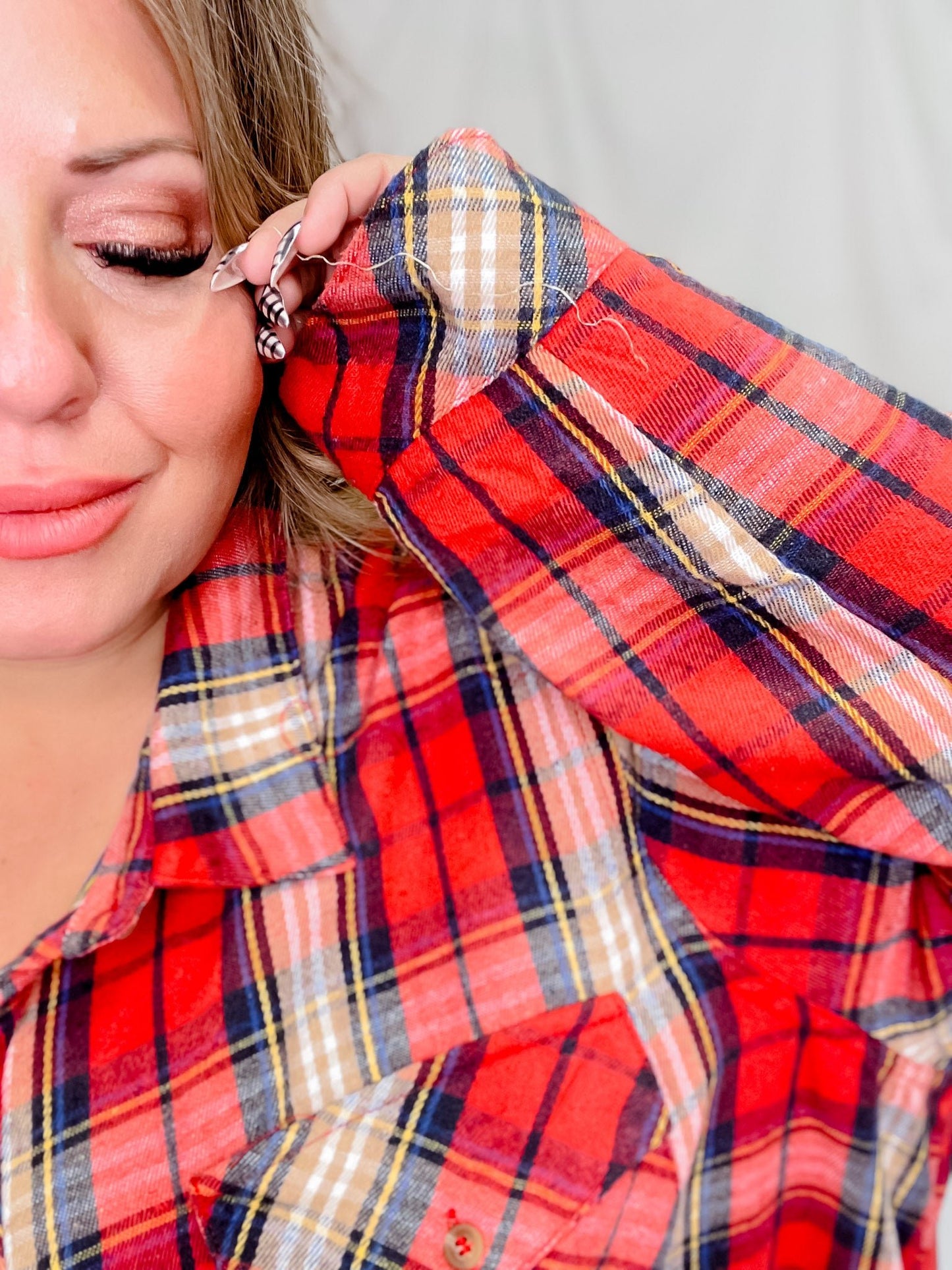 Red Long Sleeve Plaid Tunic Top - Whiskey Skies - EASEL