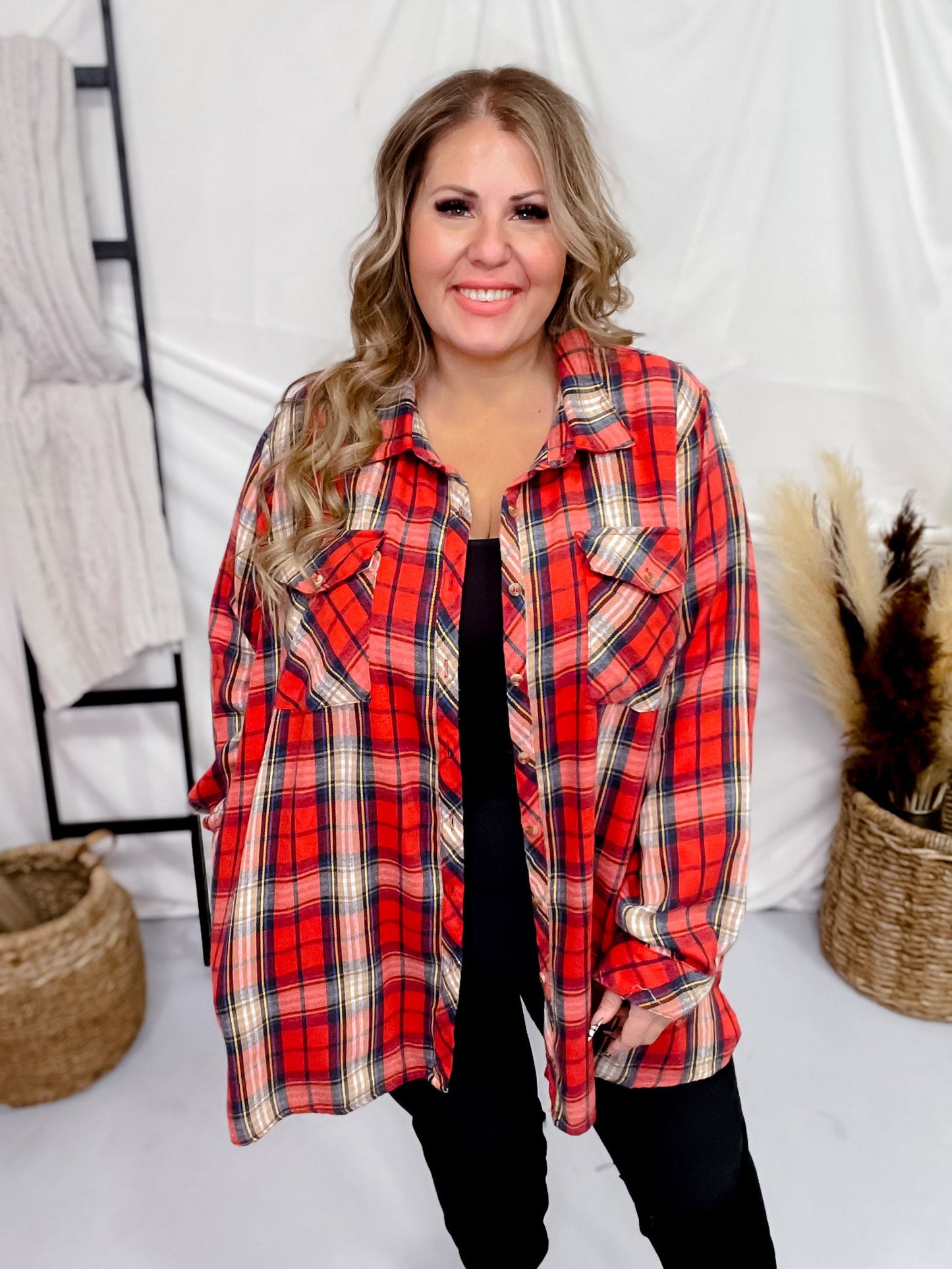 Red Long Sleeve Plaid Tunic Top - Whiskey Skies - EASEL