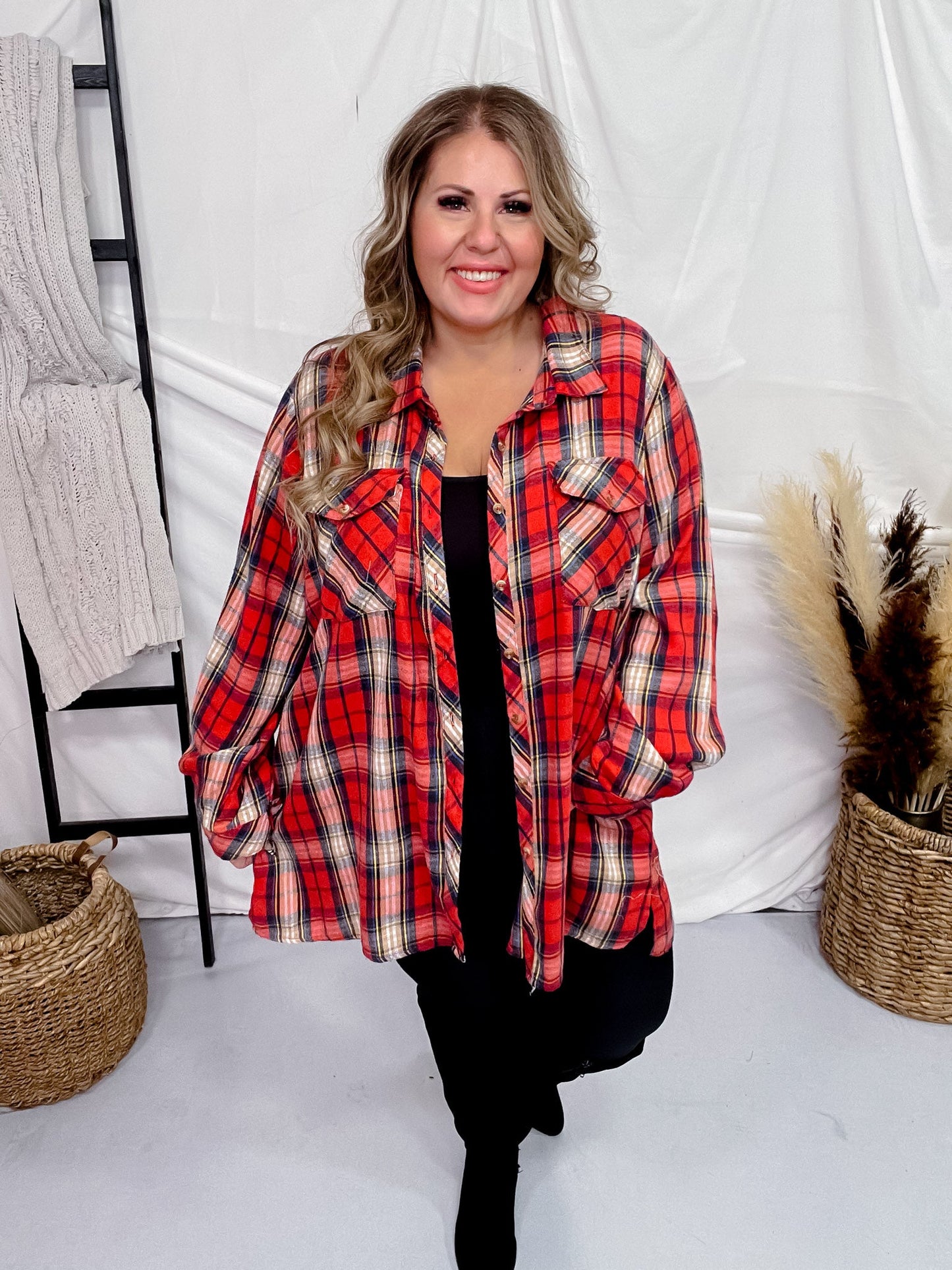 Red Long Sleeve Plaid Tunic Top - Whiskey Skies - EASEL