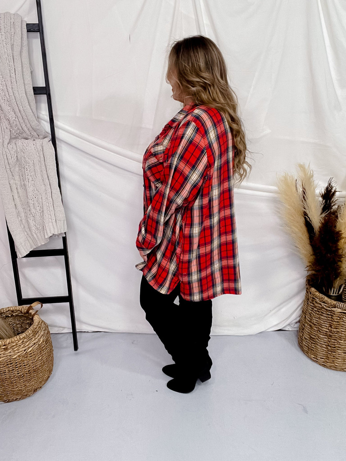 Red Long Sleeve Plaid Tunic Top - Whiskey Skies - EASEL