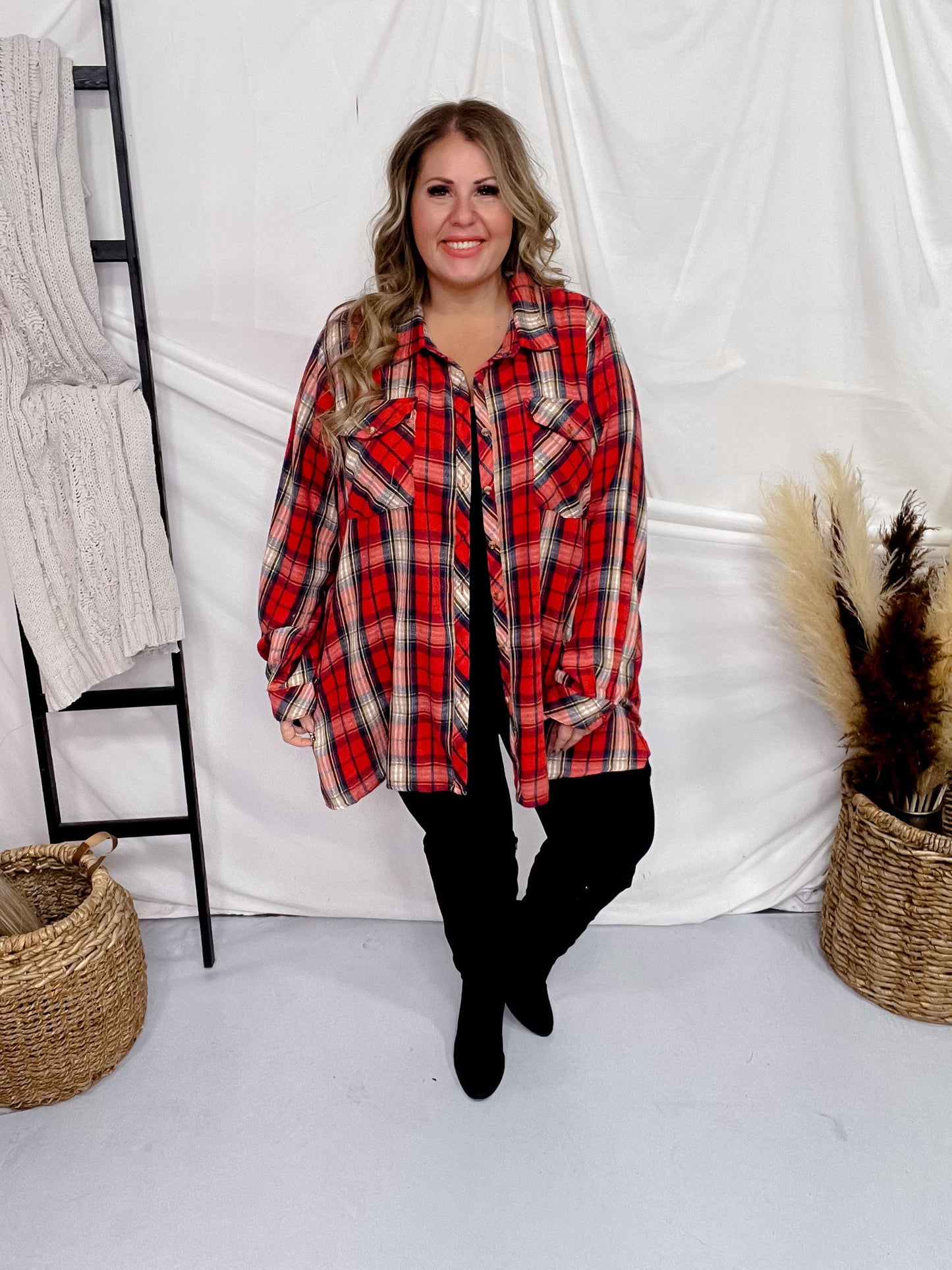 Red Long Sleeve Plaid Tunic Top - Whiskey Skies - EASEL