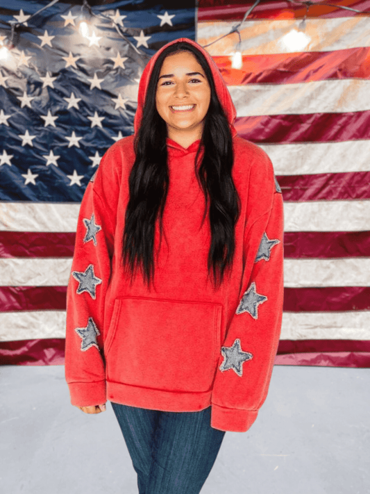 Red Oversized Hoodie with Denim Back and Star Patches - Whiskey Skies - ODDI