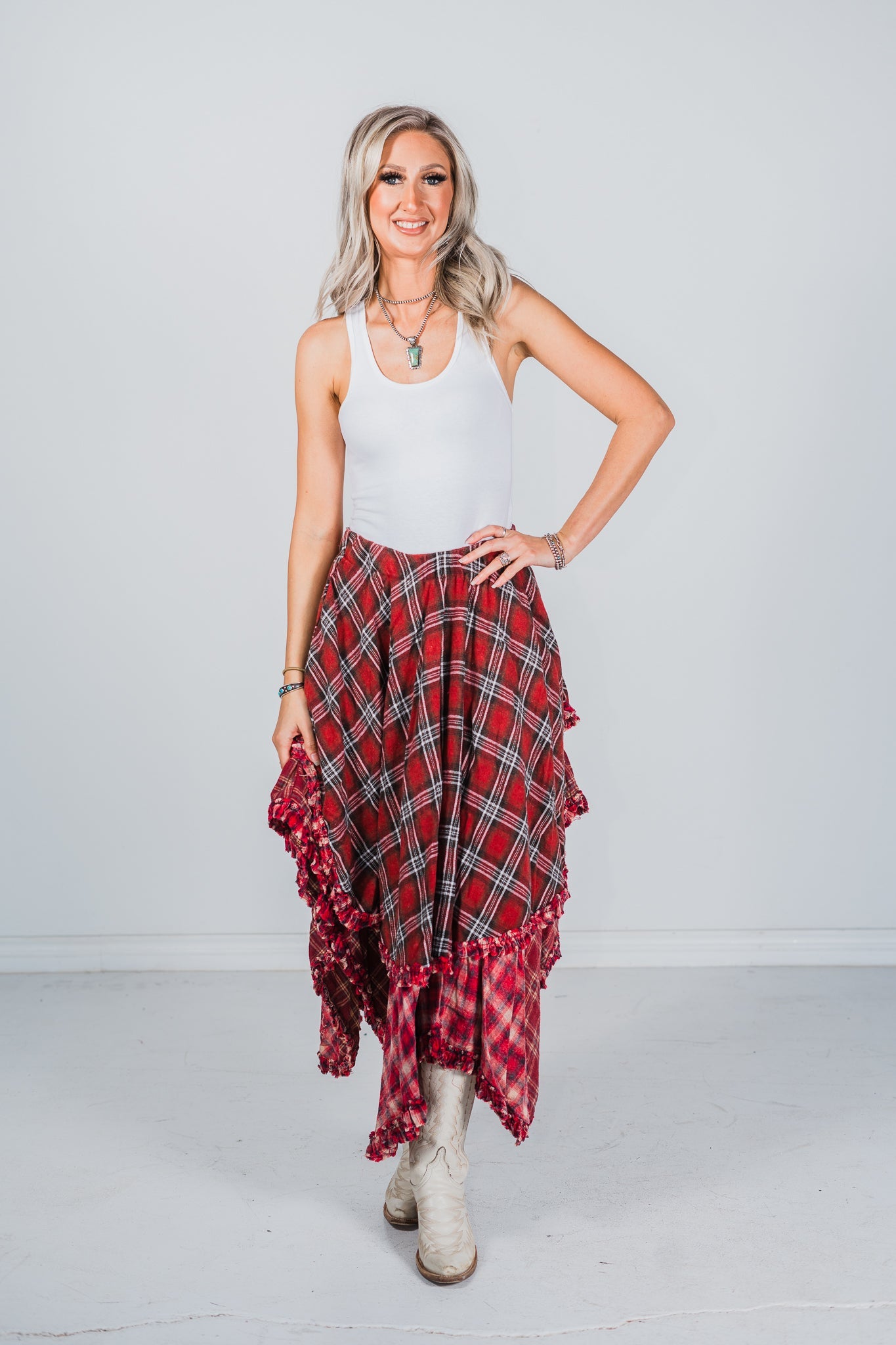 Red Plaid Asymmetrical Layered Skirt - Whiskey Skies - OLI & HALI