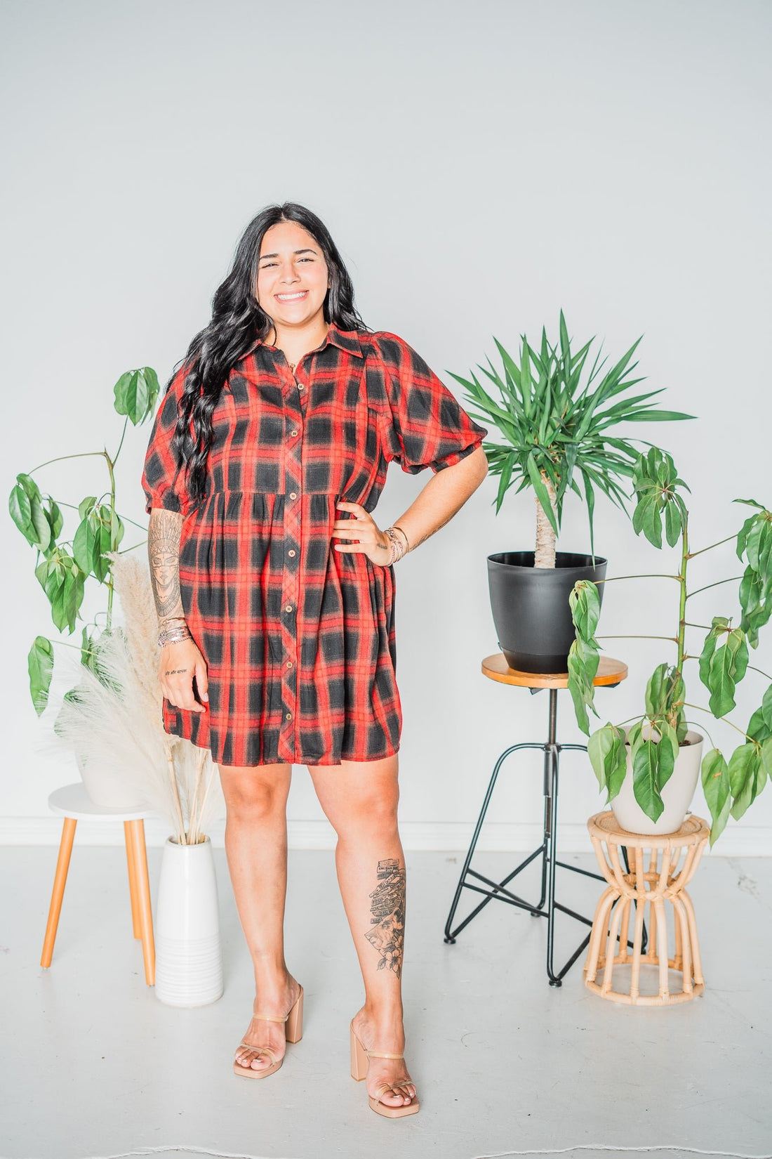 Red Plaid Button Down Flannel Dress - Whiskey Skies - ENTRO