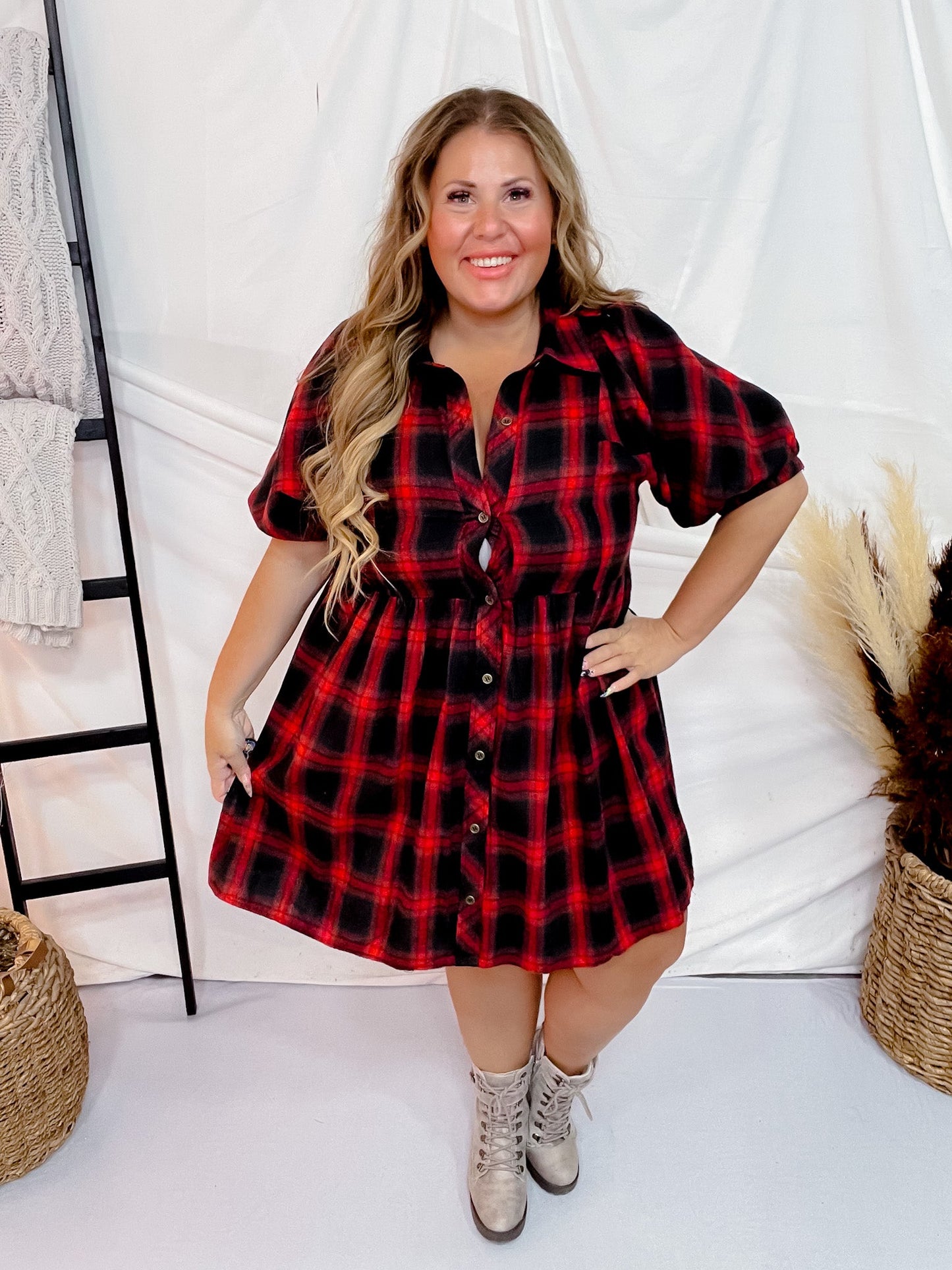 Red Plaid Button Down Flannel Dress - Whiskey Skies - ENTRO