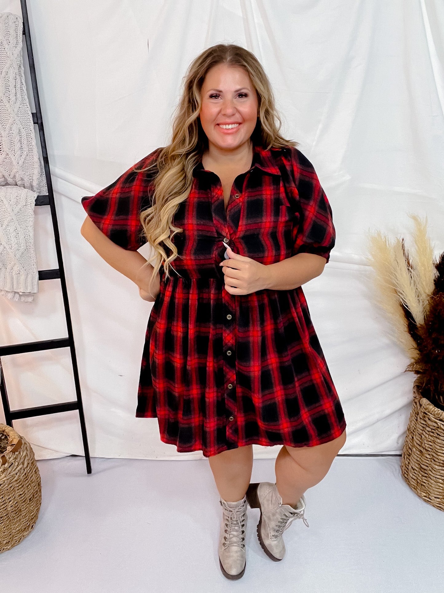 Red Plaid Button Down Flannel Dress - Whiskey Skies - ENTRO