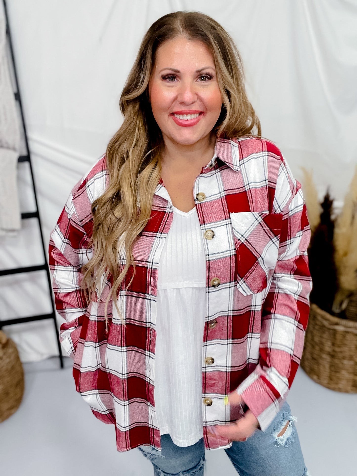 Red Plaid Button Down Flannel - Whiskey Skies - SWEET LOVELY BY JEN