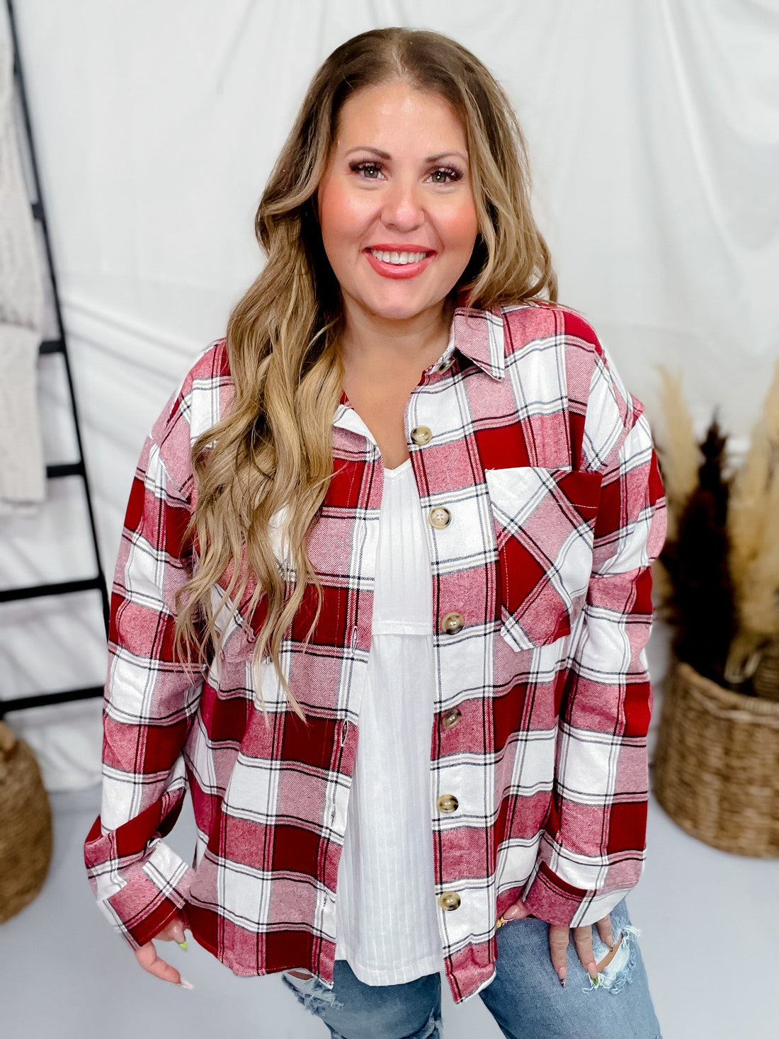 Red Plaid Button Down Flannel - Whiskey Skies - SWEET LOVELY BY JEN